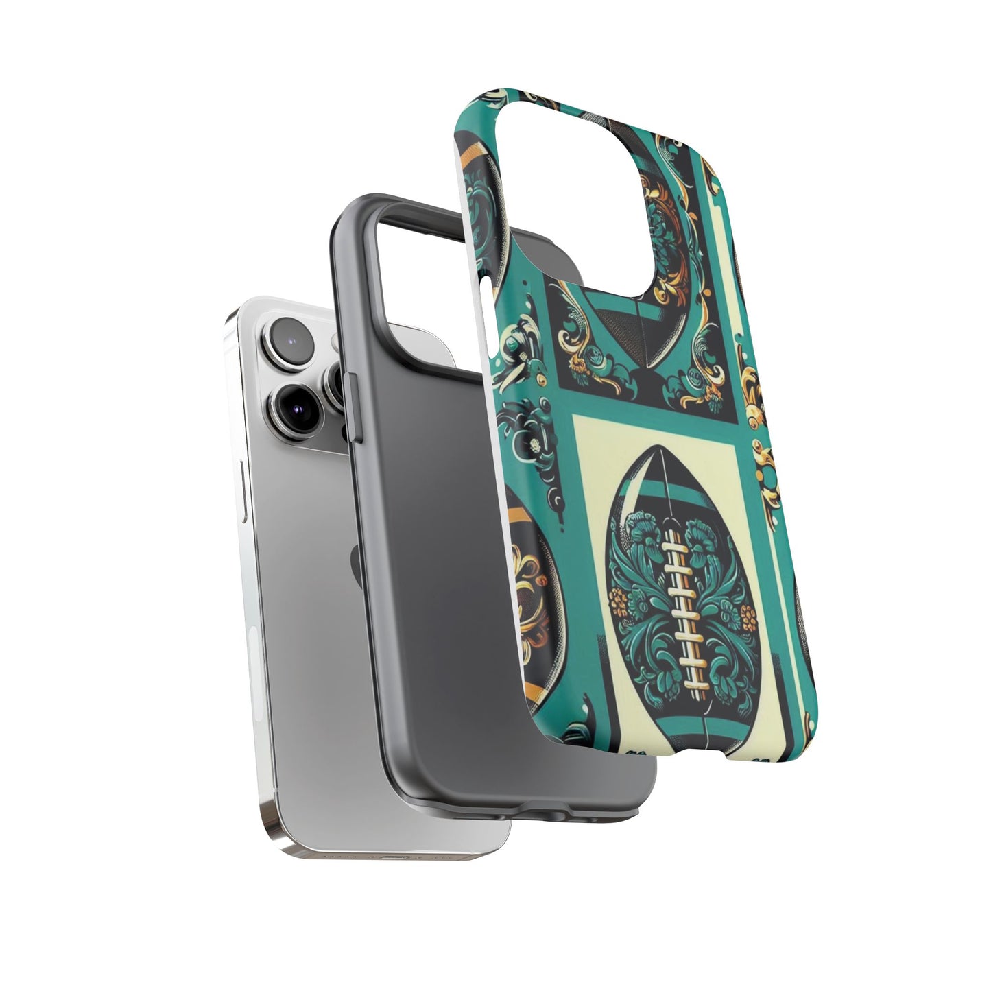 Elegant Floral Motif Phone Case - Tough Cases with Vintage Design -  Damask Teal, Gold & Black Footballs