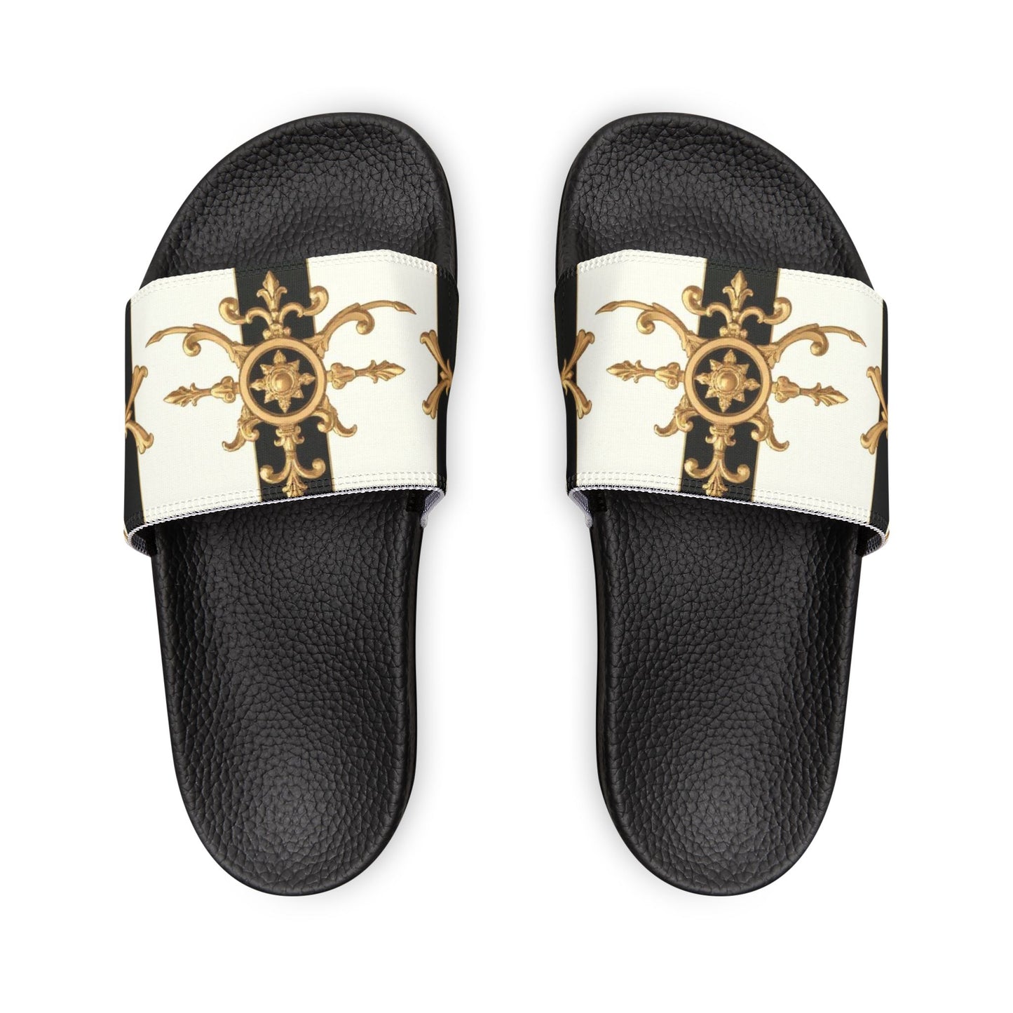 Stylish Women's Removable-Strap Sandals - Trendy Summer Slippers, Vacation Footwear, Casual Style - Black & White Striped Gold Baroque