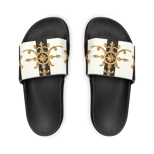 Stylish Women's Removable-Strap Sandals - Trendy Summer Slippers, Vacation Footwear, Casual Style - Black & White Striped Gold Baroque