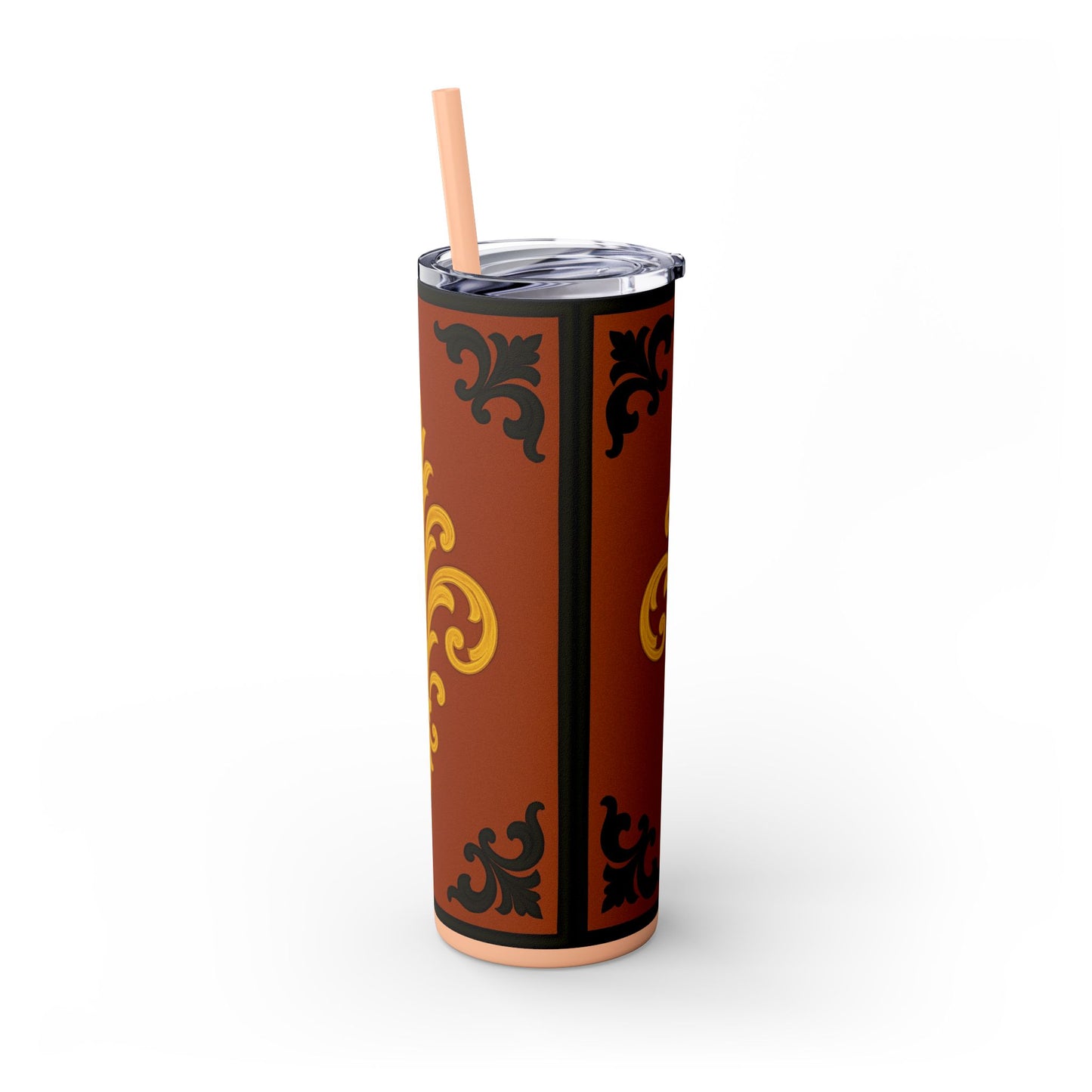 Dusk Terracotta Baroque 20oz Skinny Tumbler with Straw — Vintage Gold Baroque Design