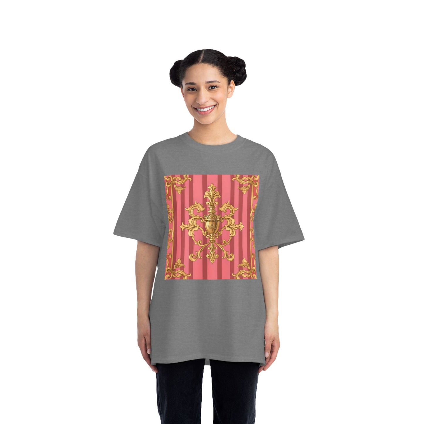 Chic Vintage Style Short-Sleeve T-Shirt - Elegant Baroque Design | Fashion Top, Gift for Her, Casual Wear - Pink Striped Gold Baroque