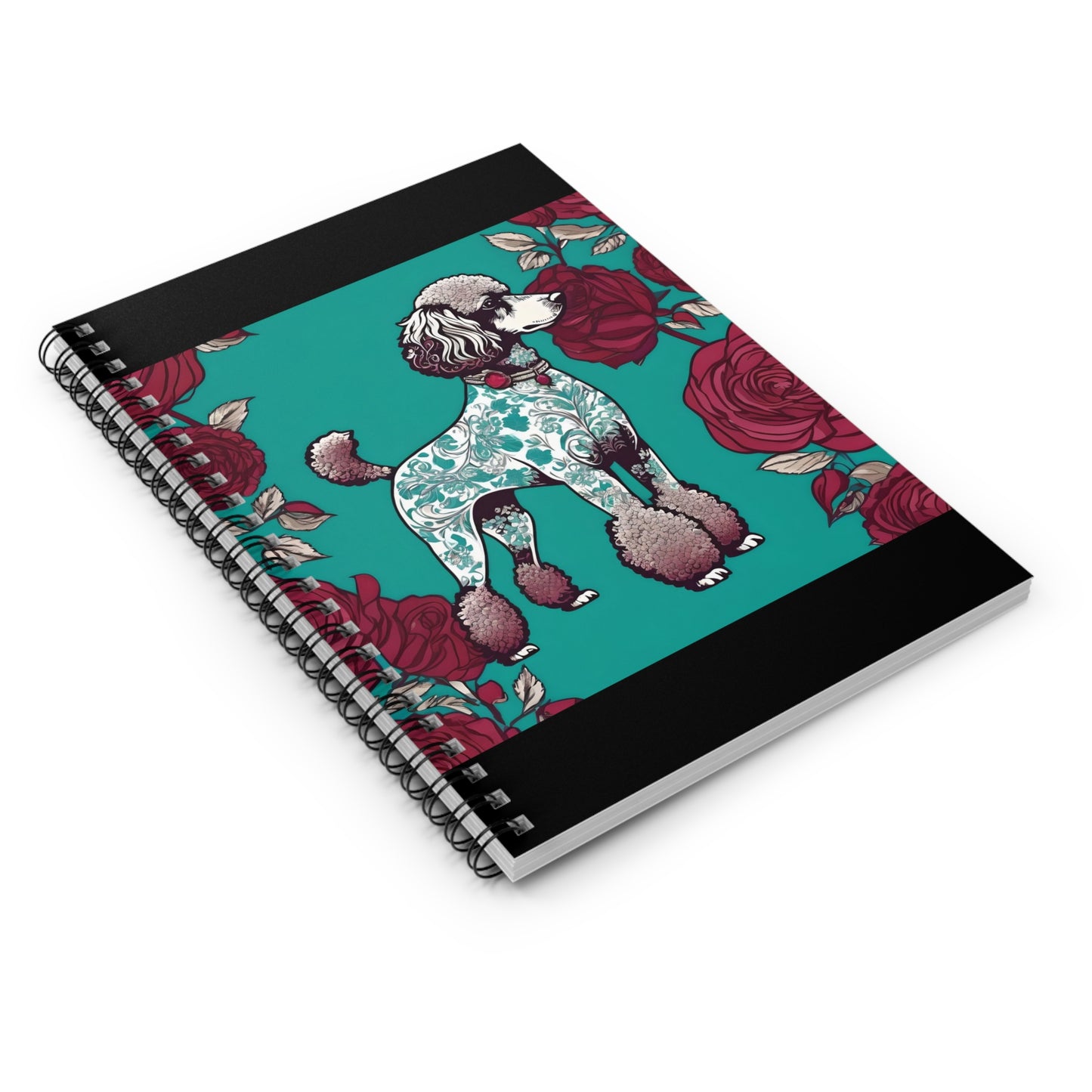 Elegant Vintage Spiral Notebook - Ruled Line with Damask Aqua & White Poodle With Burgundy Roses