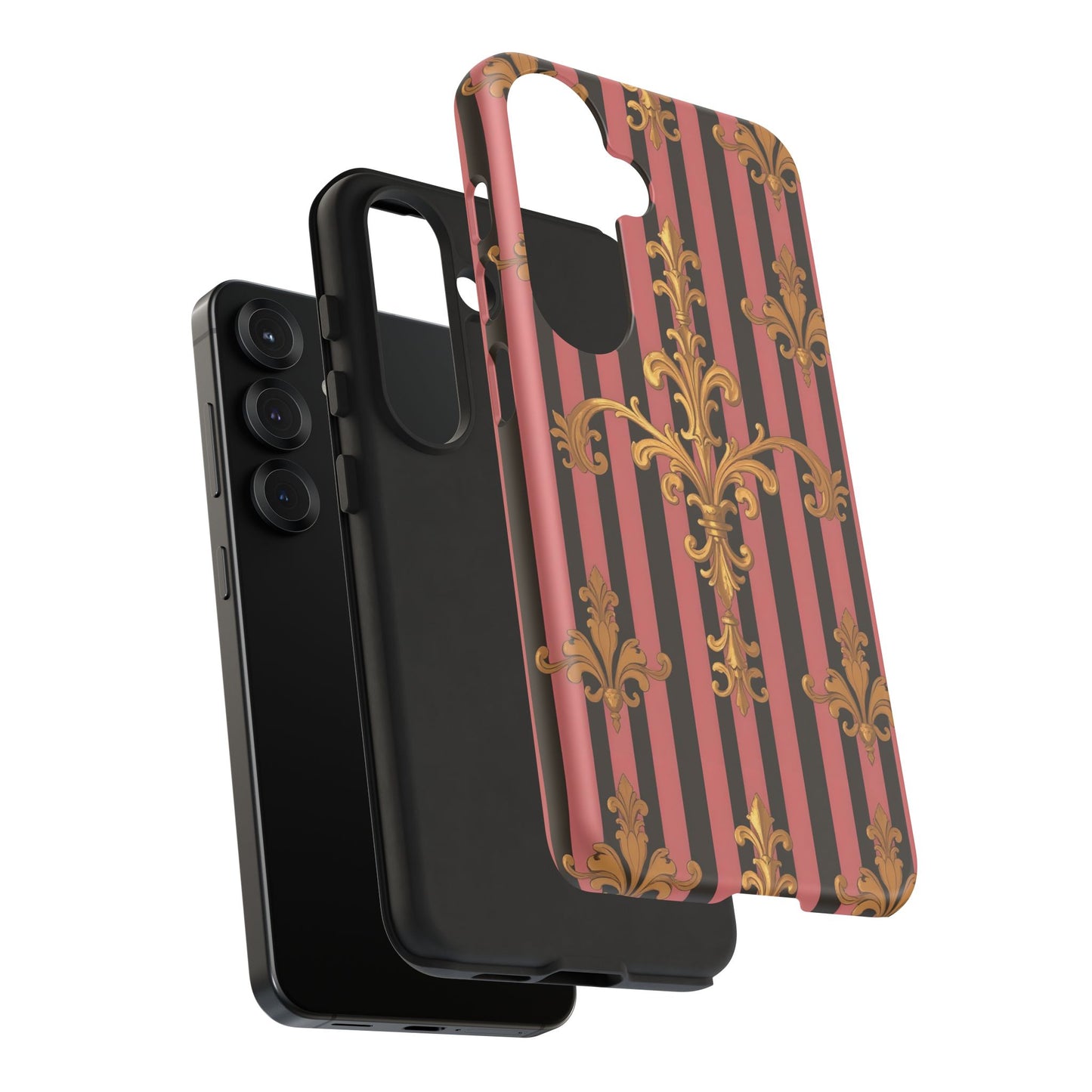 Elegant Floral Motif Phone Case - Tough Cases with Vintage Design - Mauve Striped Gold Damask
