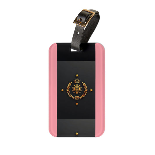 Elegant Travel Luggage Tag, Personalized Baggage Identifier, Stylish Suitcase Accessory, Ideal Gift for Travelers - Pink Striped Gold Crest