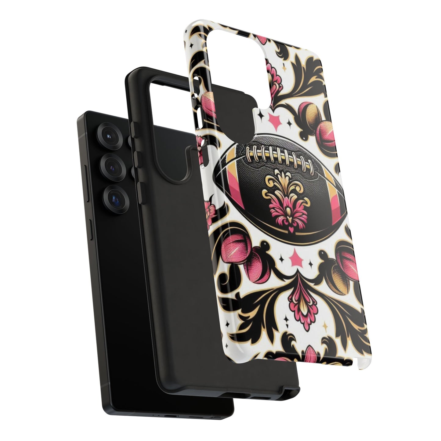 Elegant Floral Motif Phone Case - Tough Cases with Vintage Design - Damask White, Pink Gold & Black Football