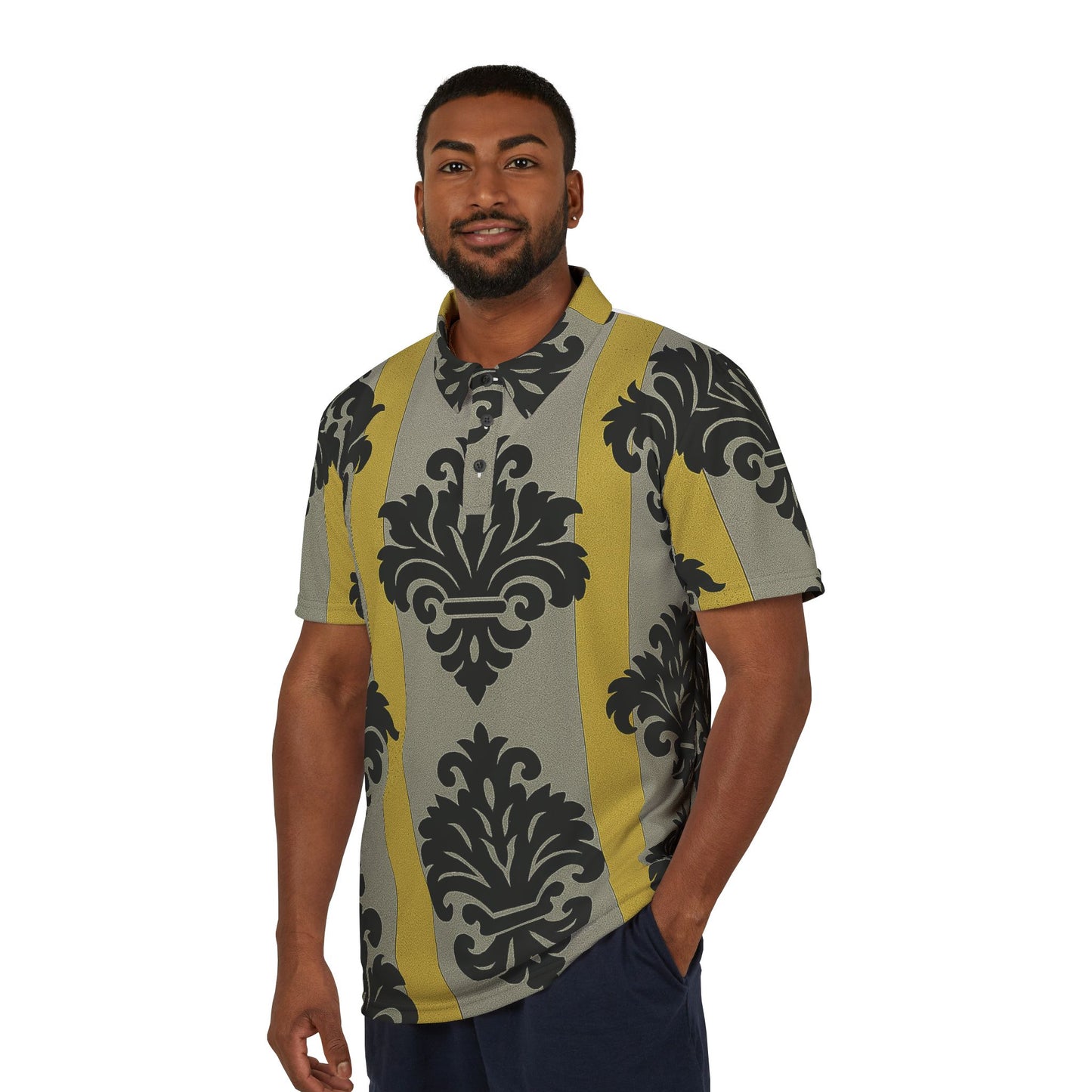 Chic Unisex Polo Shirt with Striking Pattern - Perfect for Casual Outings, Weekend Getaways - Silver & Gold Striped Black Baroque