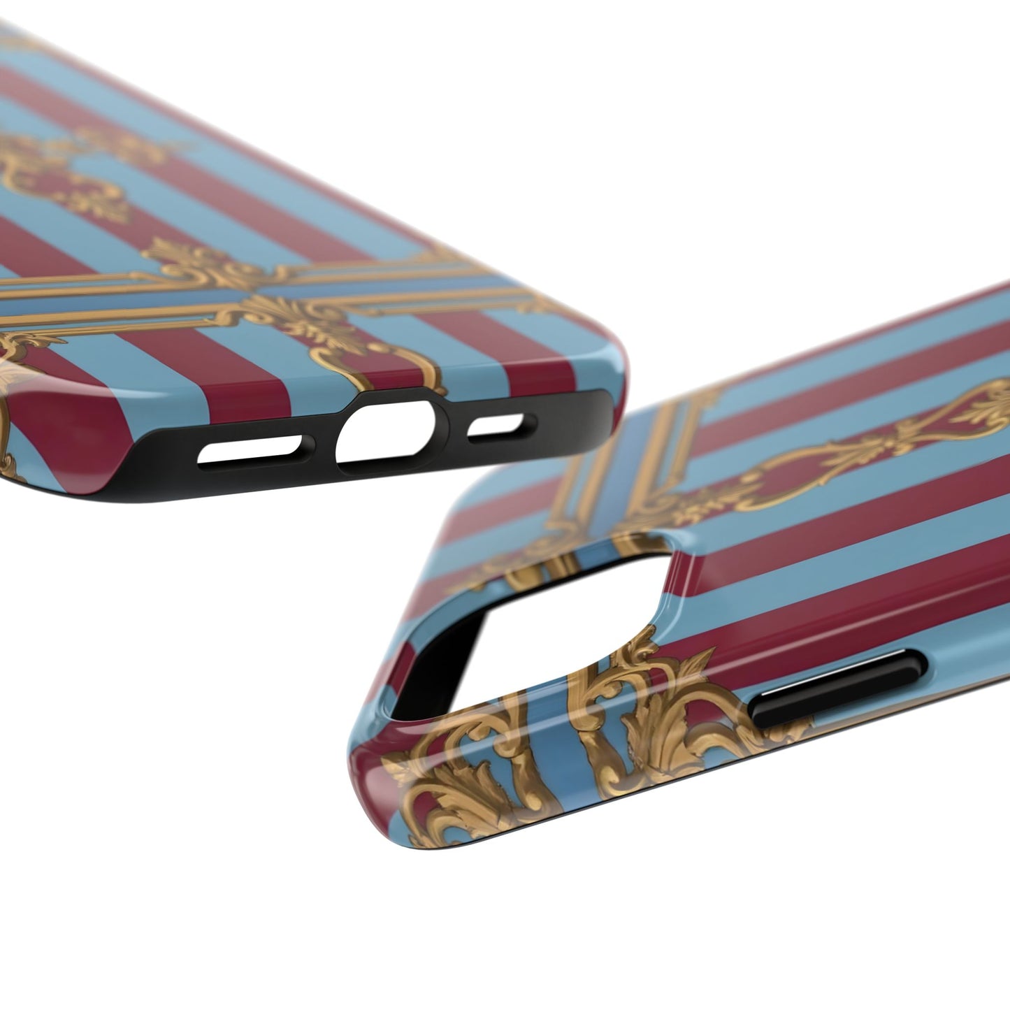 Elegant Patterned Tough Phone Cases, Stylish Phone Cover, Durable Phone Protection, Unique Gift Idea - Sky Blue & Maroon Striped Baroque