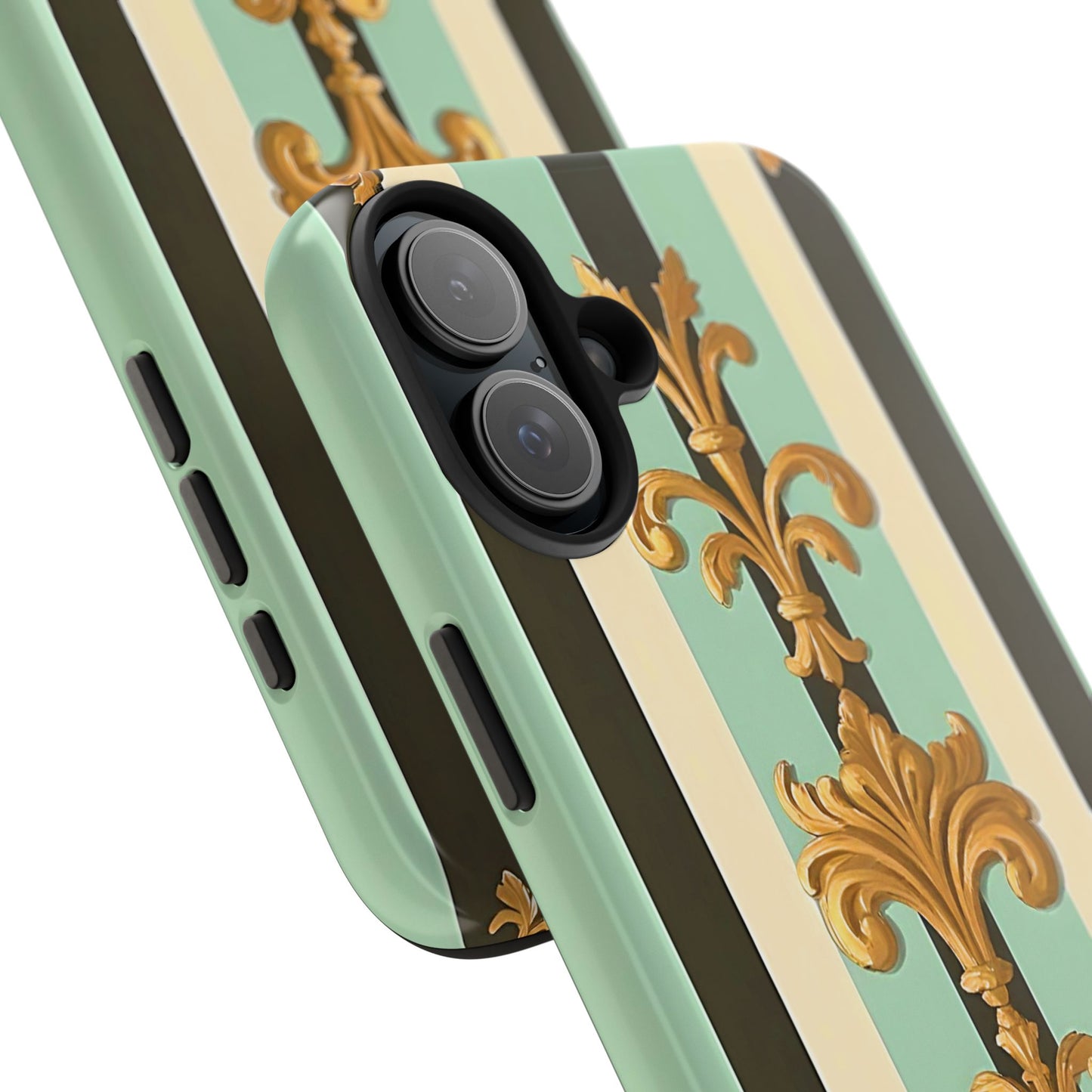Elegant Floral Tough Phone Cases - Stylish Protection for All Occasions, Gifts for Her, Phone Covers - Black & Matte Mint Striped Rococo