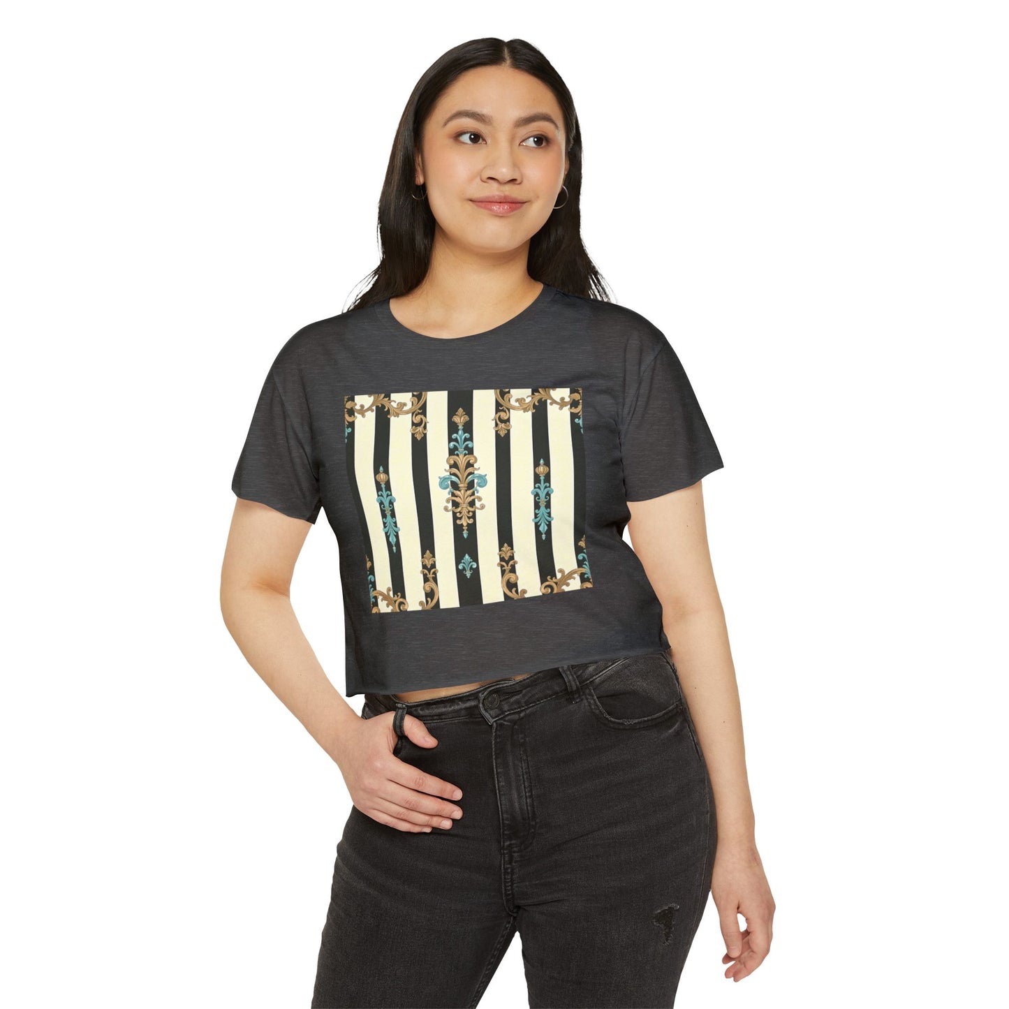 Bohemian Festival Crop Top, Stylish Summer Tee, Casual Day Out Shirt, Trendy Women’s Apparel - Black Striped Turquoise & Black Rococo