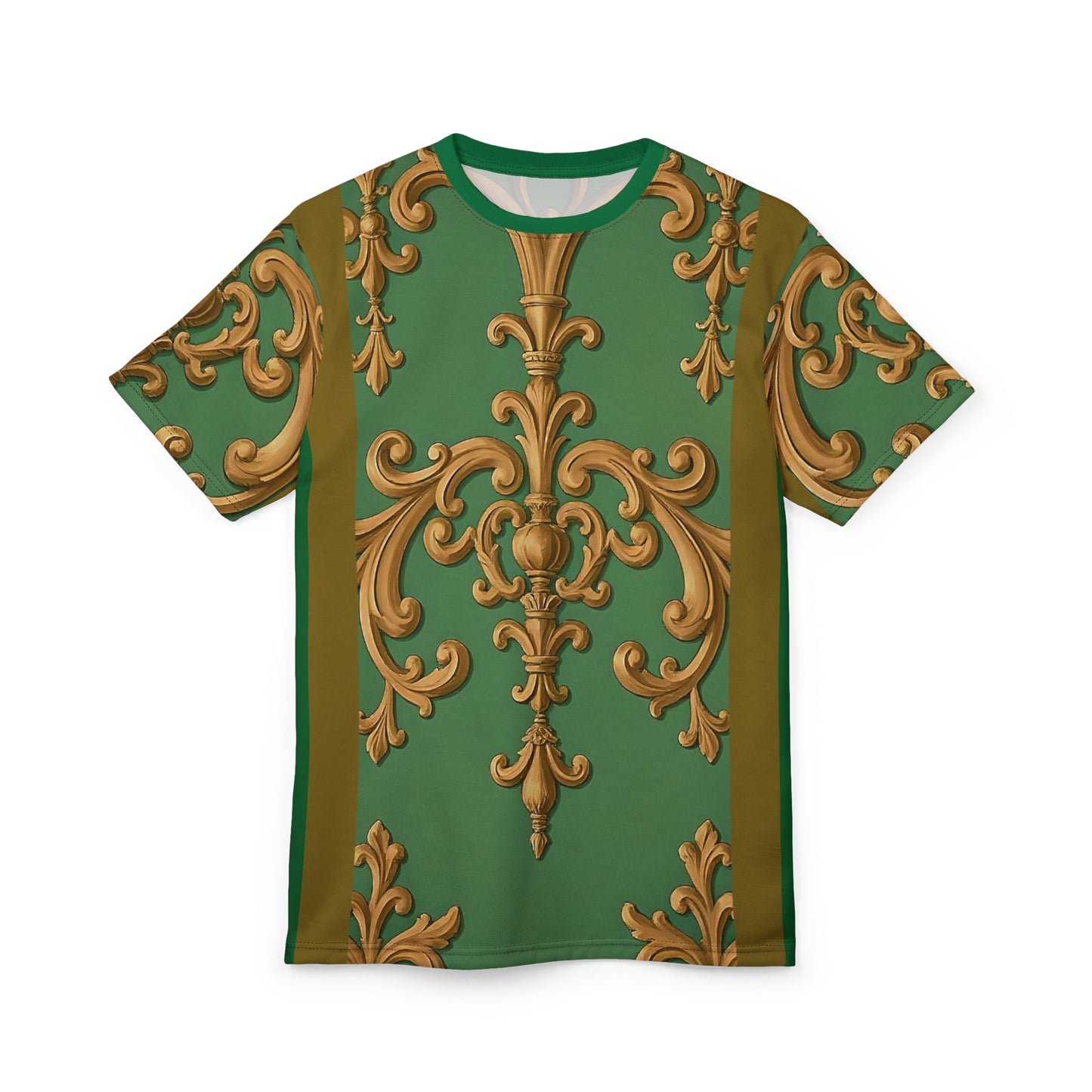 Elegant Baroque Pattern Unisex Tee, Vintage Aesthetic Shirt, Unique Casual Wear - Olive Green Striped Rococo