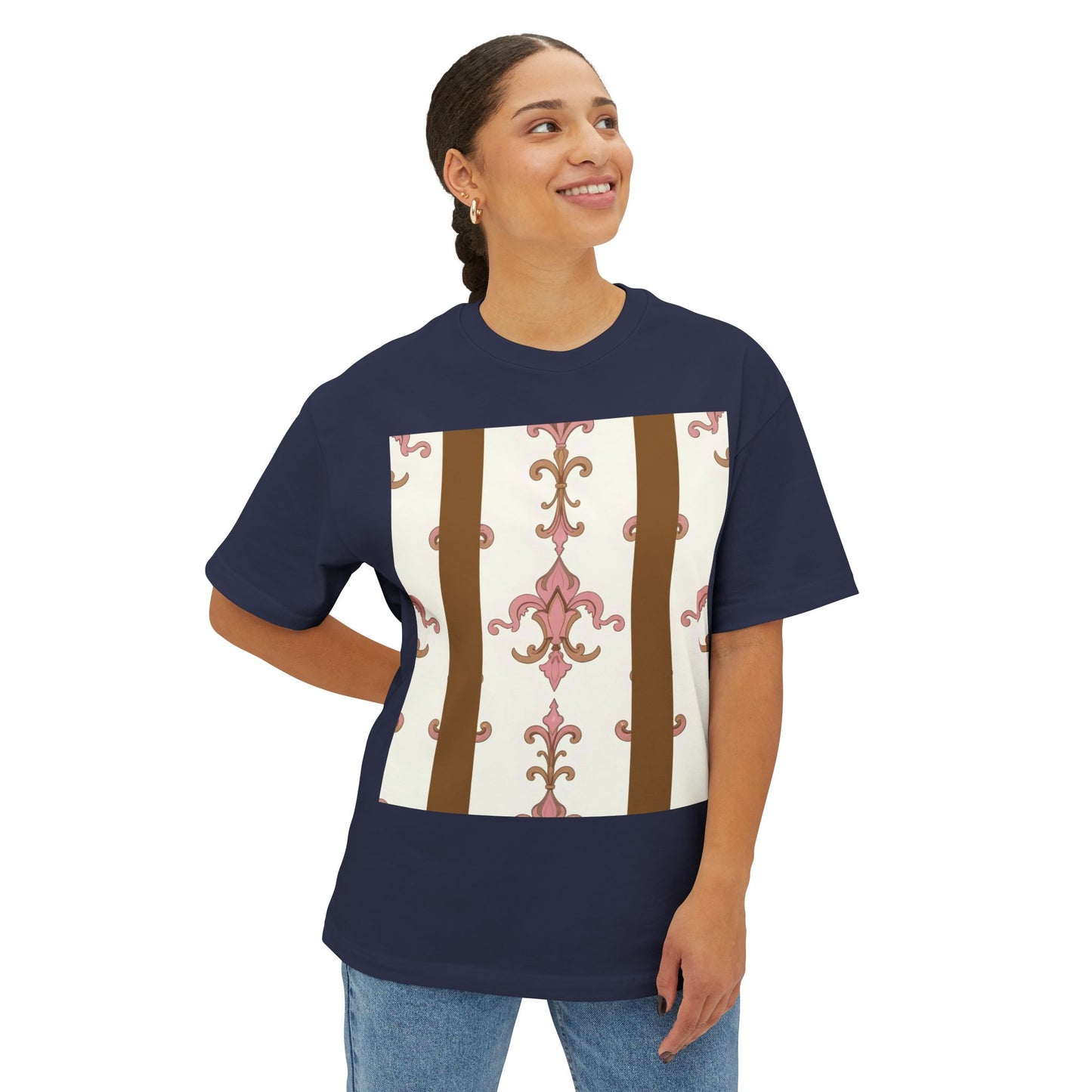 Chic Floral Boxy Tee, Oversized Unisex Tee, Casual Style Shirt, Summer Fashion Top, Gift for Trendsetters - Brown Striped Pink Arabesque