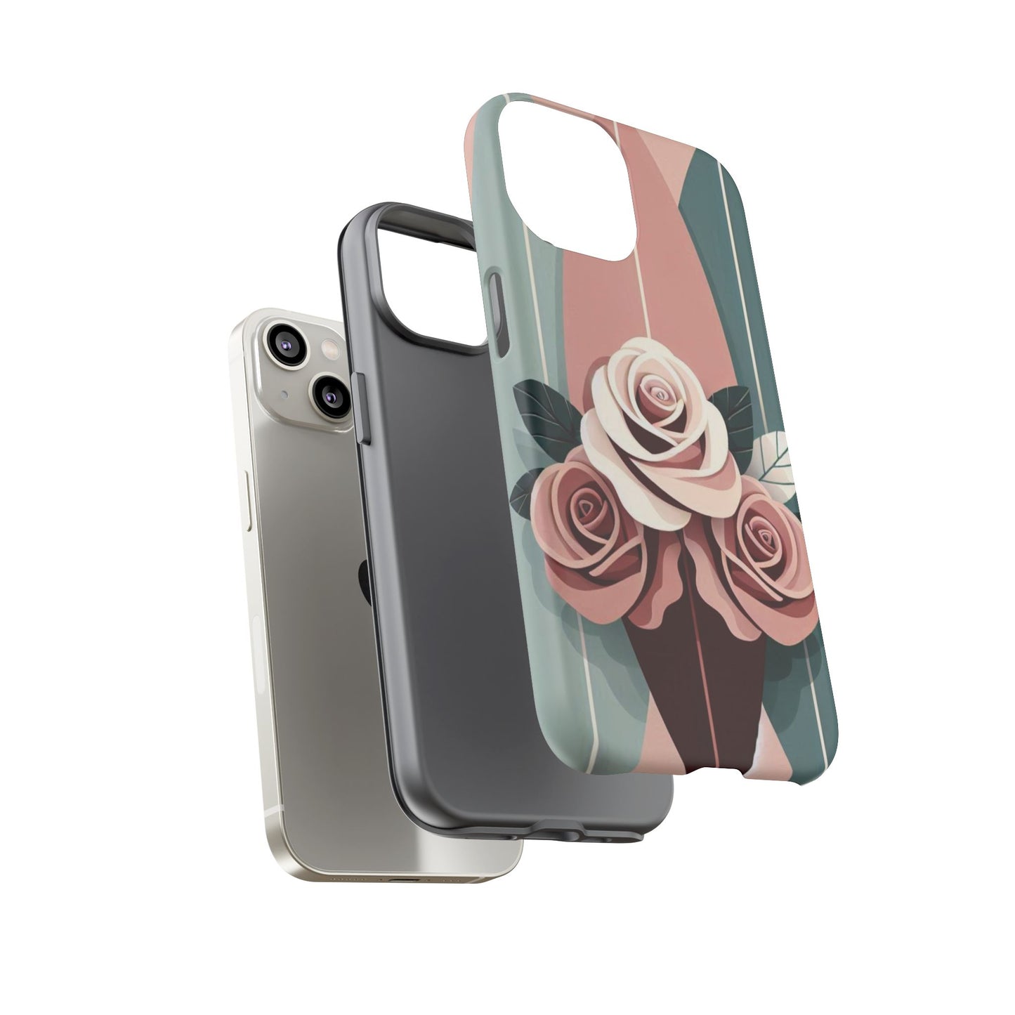 Phone Case - Burgundy, Matte Mauve & Teal Surfboard & Roses Design