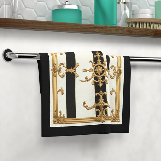 Elegant Vintage Patterned Face Towel, Decorative Hand Towel, Bathroom Luxury Decor, Gift for Her - Black & White Striped Gold Baroque