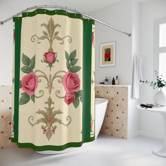 Vintage Floral Shower Curtain - Luxurious Home Décor for Classy Bathrooms - Green Border Roses & Damask