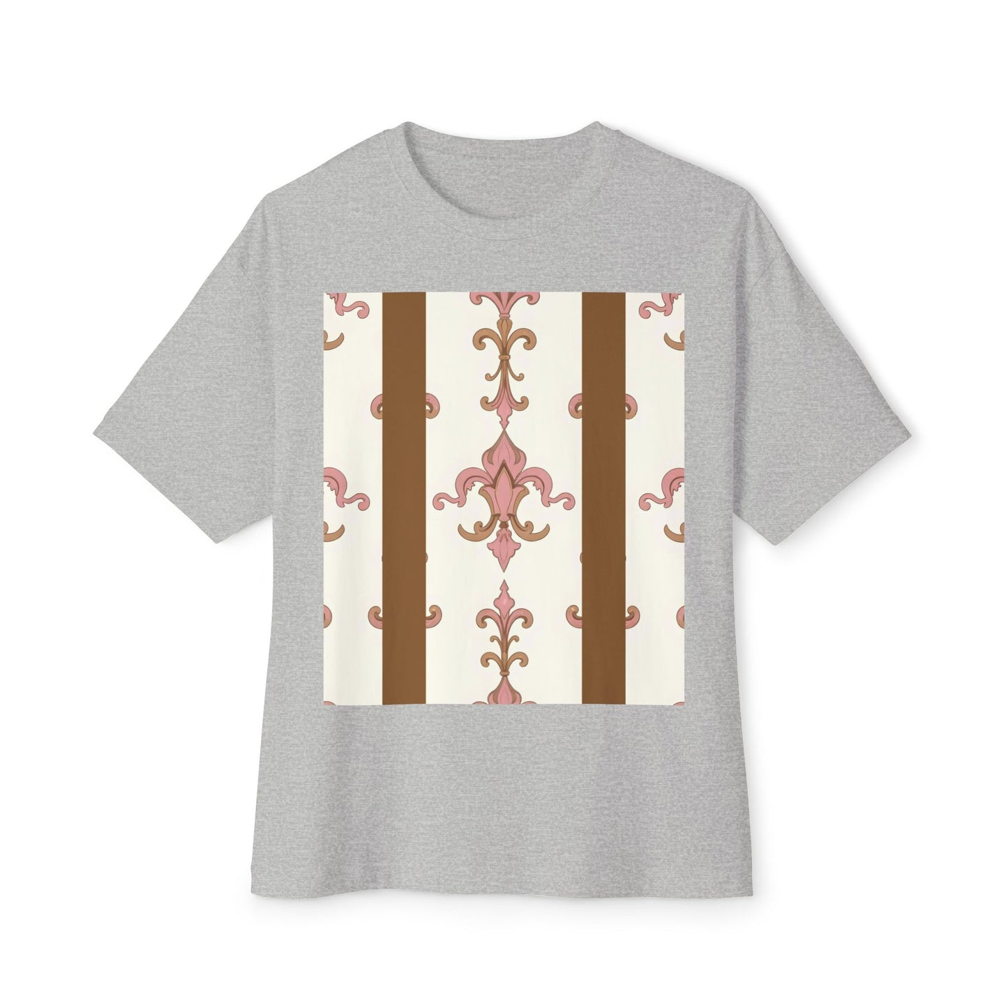 Chic Floral Boxy Tee, Oversized Unisex Tee, Casual Style Shirt, Summer Fashion Top, Gift for Trendsetters - Brown Striped Pink Arabesque