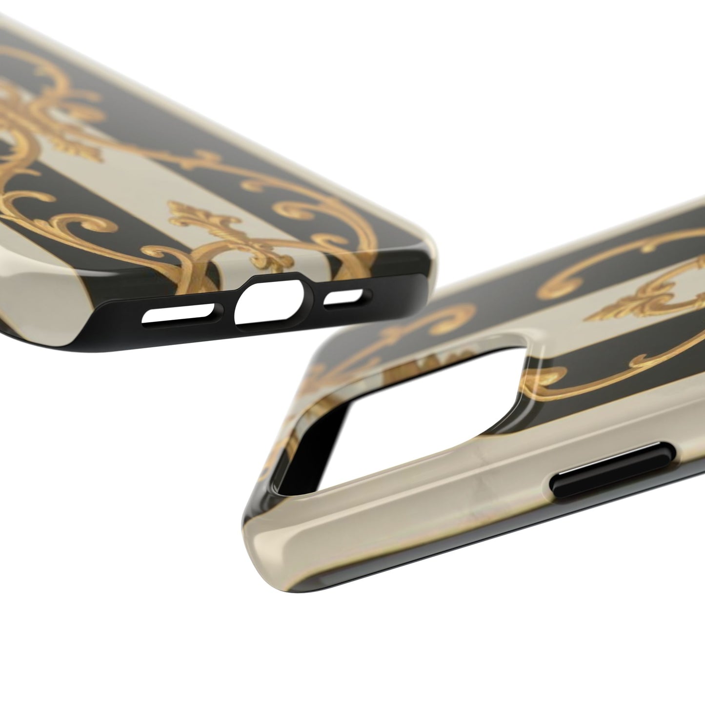 Elegant Black & Alabaster Striped Baroque Tough Phone Cases - Chic Protection, Black Gold Decor, Stylish Accessory, Gift for Her, Trendy Tech