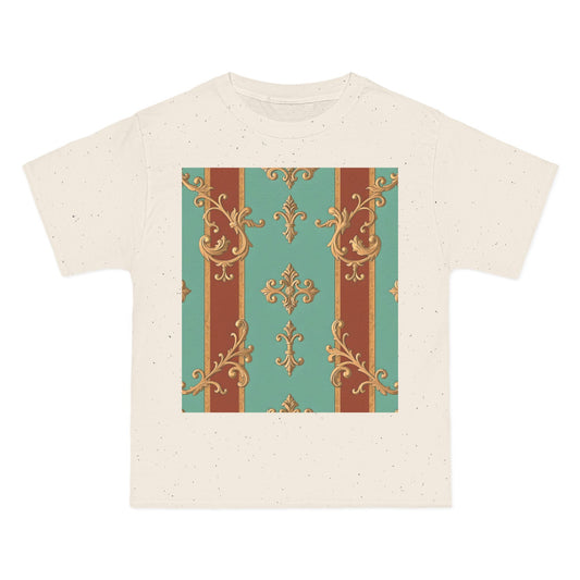 Vintage-Inspired Ornate T-Shirt | Stylish Short-Sleeve Tee for Trendsetters - Rust & Mint Aqua Striped Baroque