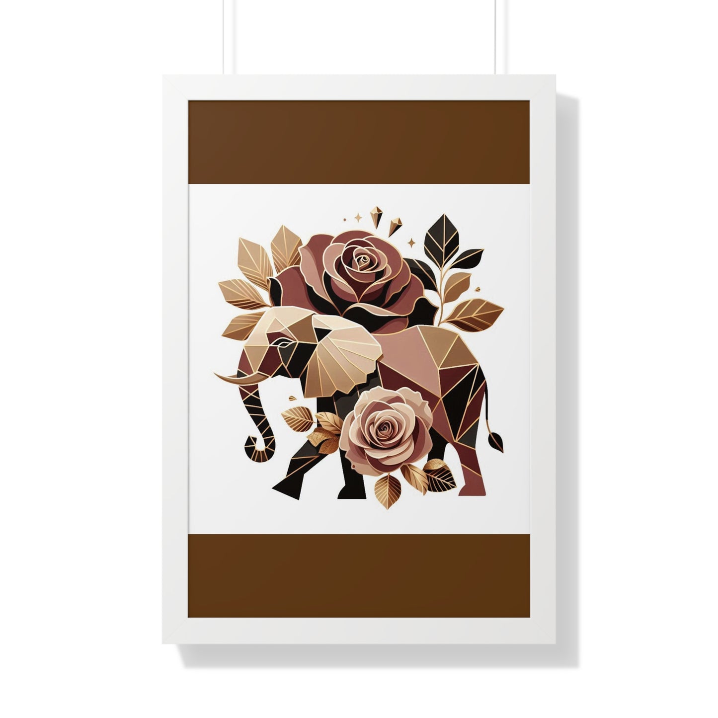 Vertical Poster - Brown & Gold Elephant & Roses Wall Art