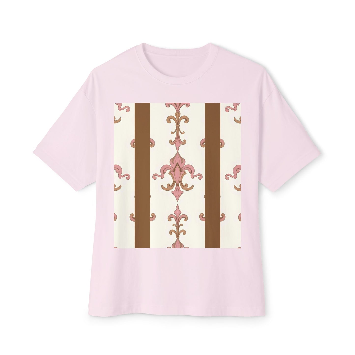 Chic Floral Boxy Tee, Oversized Unisex Tee, Casual Style Shirt, Summer Fashion Top, Gift for Trendsetters - Brown Striped Pink Arabesque