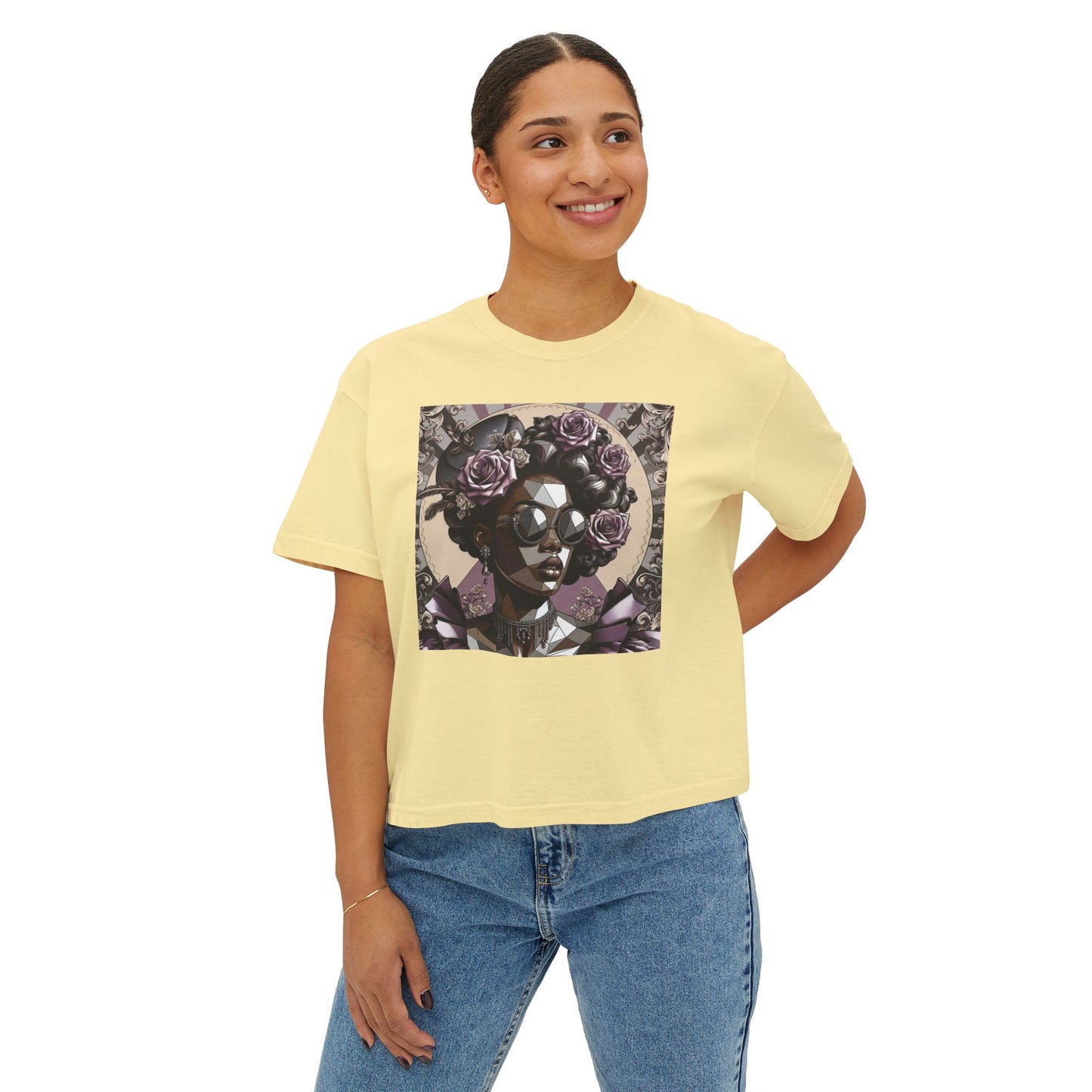 Afro Art Women's Boxy Tee, Casual Summer Fashion, Poly Art Style Top, Gifts for Her, Festival Wear - Lilac Baroque Lady