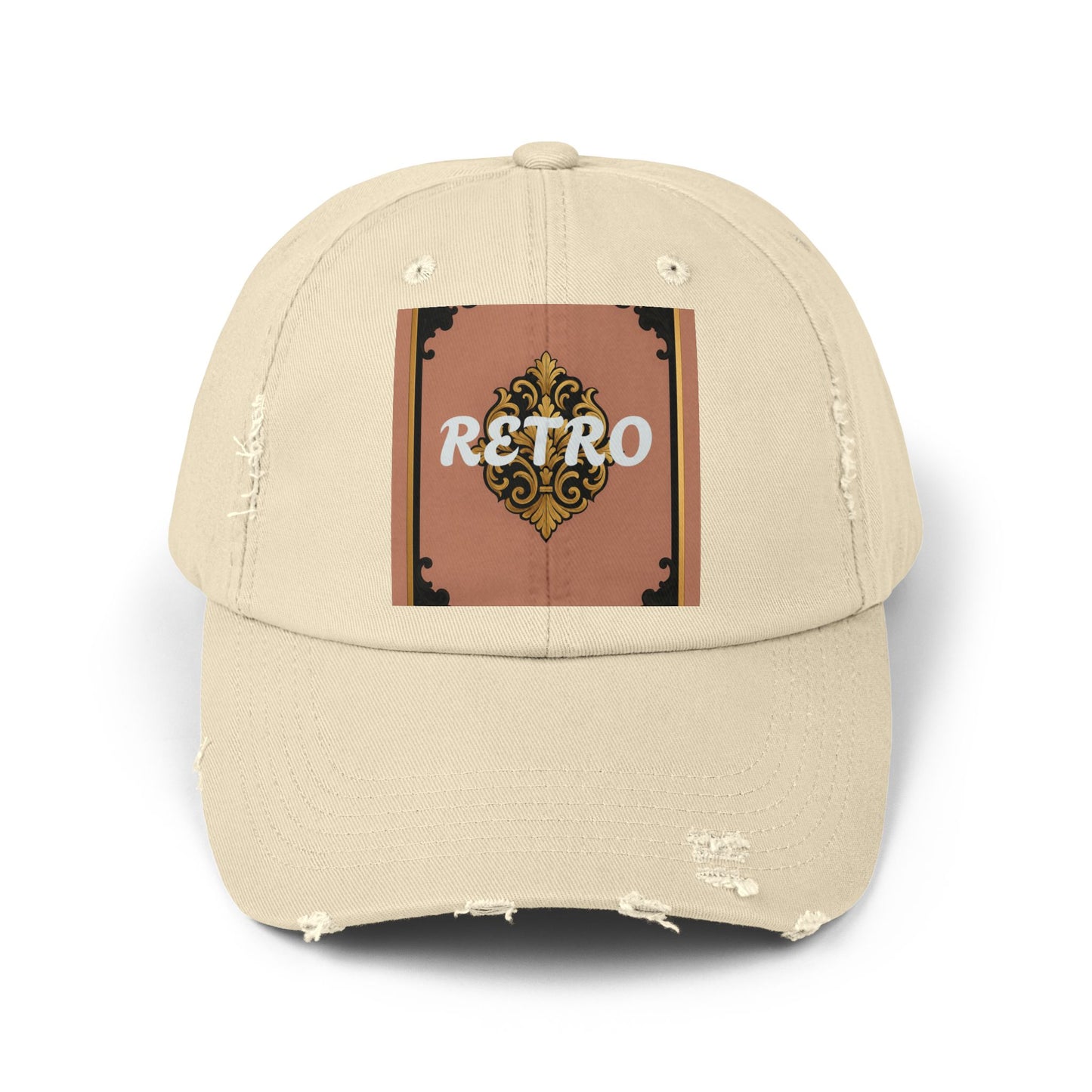 Retro Mauve & Black-Gold Baroque Distressed Cap — Vintage Ornamental Logo Dad Hat