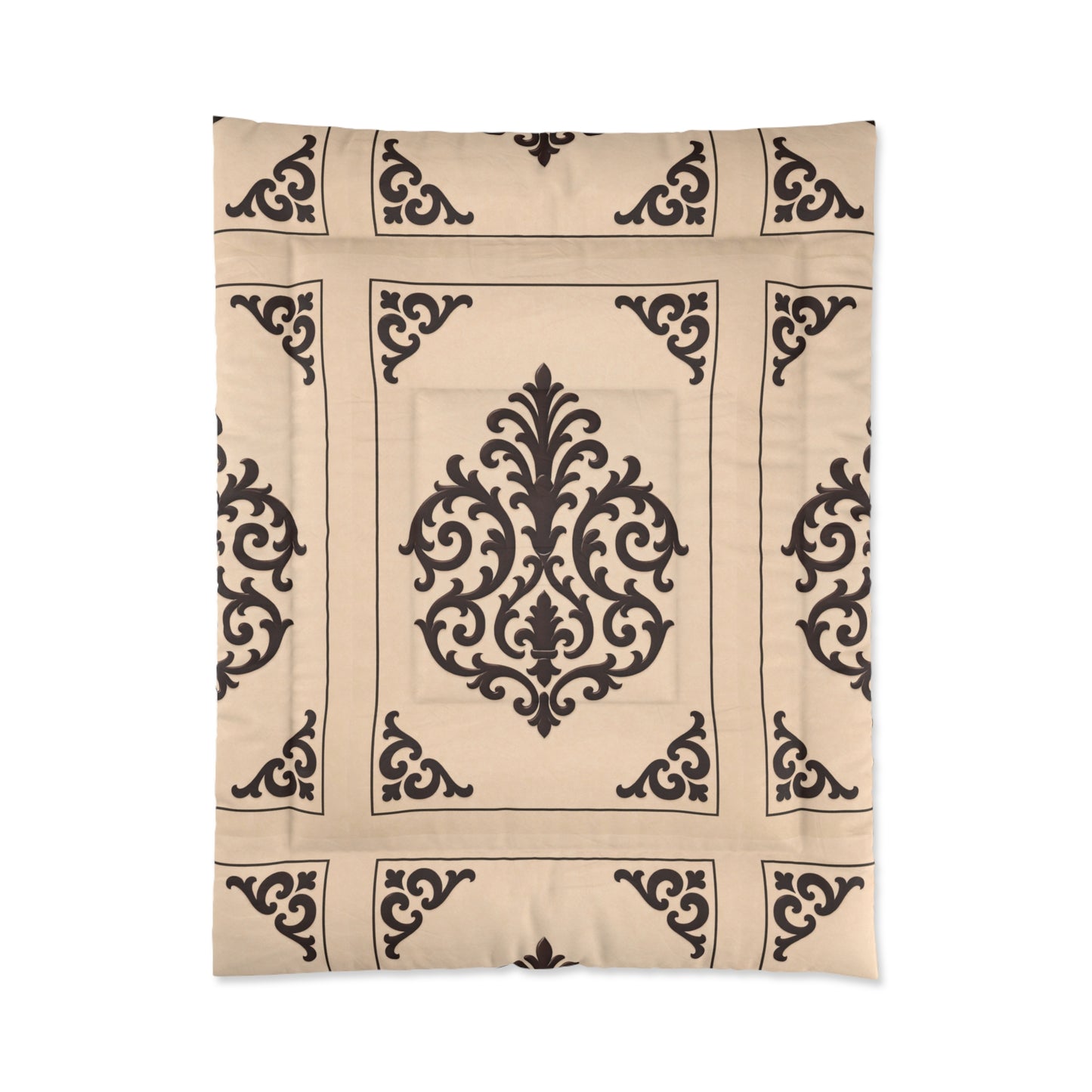 Almond-Beige & Brown Baroque Tile Comforter – Classic Beige & Espresso Decorative Bedding