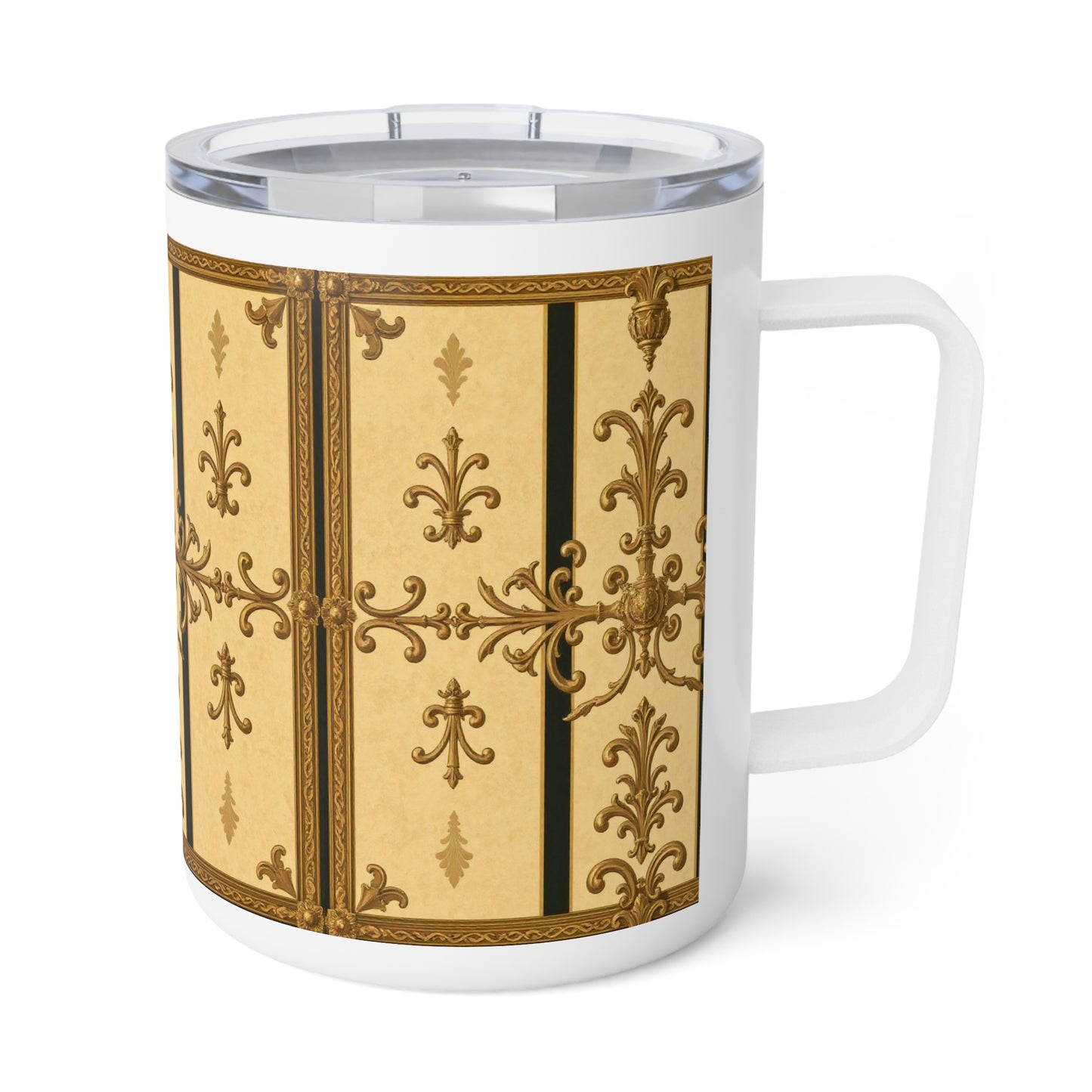 Elegant Insulated Coffee Mug, Vintage Design Travel Cup, Perfect Gift for Coffee Lovers, Stylish Kitchen Accessory - Matte Yellow Striped Antique Rococo