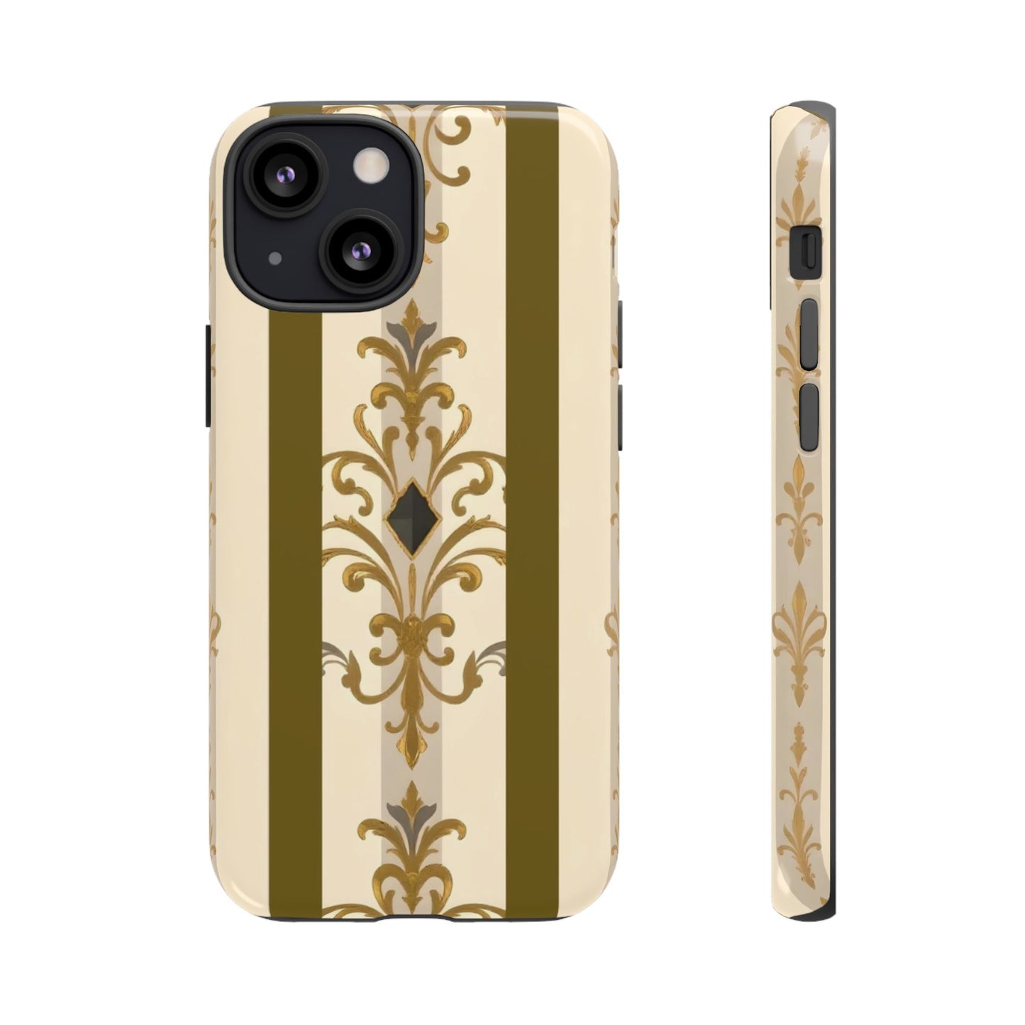 Elegant Floral Motif Phone Case - Tough Cases with Vintage Design - Olive Striped Gold Damask