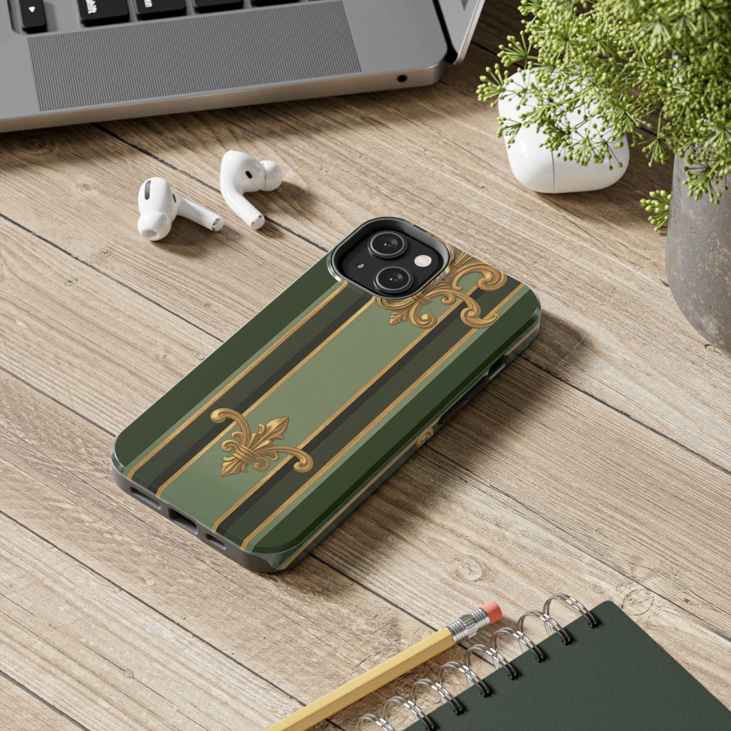 Elegant Tough Phone Cases - Baroque Design, Durable Cell Phone Covers, Unique Gifts for Her, Holiday Gifts - Green Striped Gold Baroque