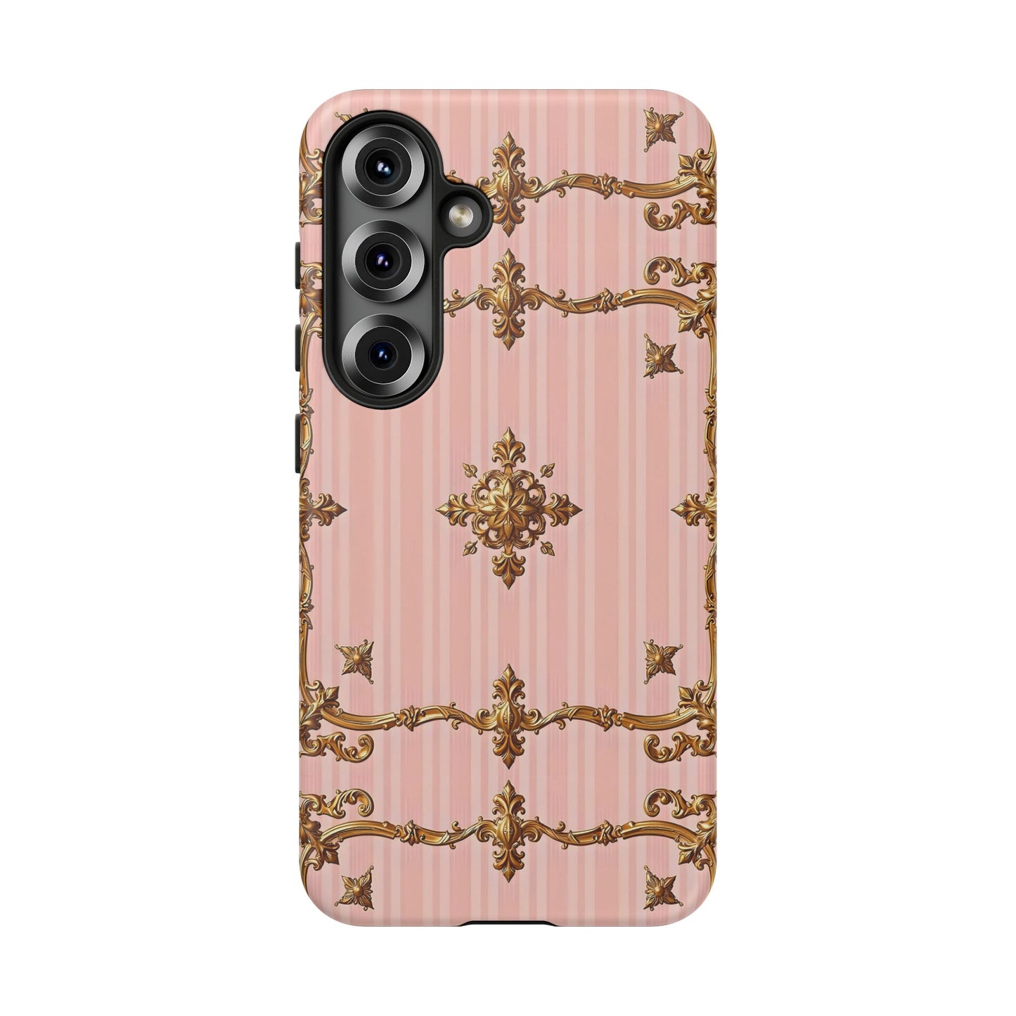 Elegant Floral Phone Case, Tough Cases for Women, Trendy Phone Cover, Chic Gift - Pink Striped Gold Baroque