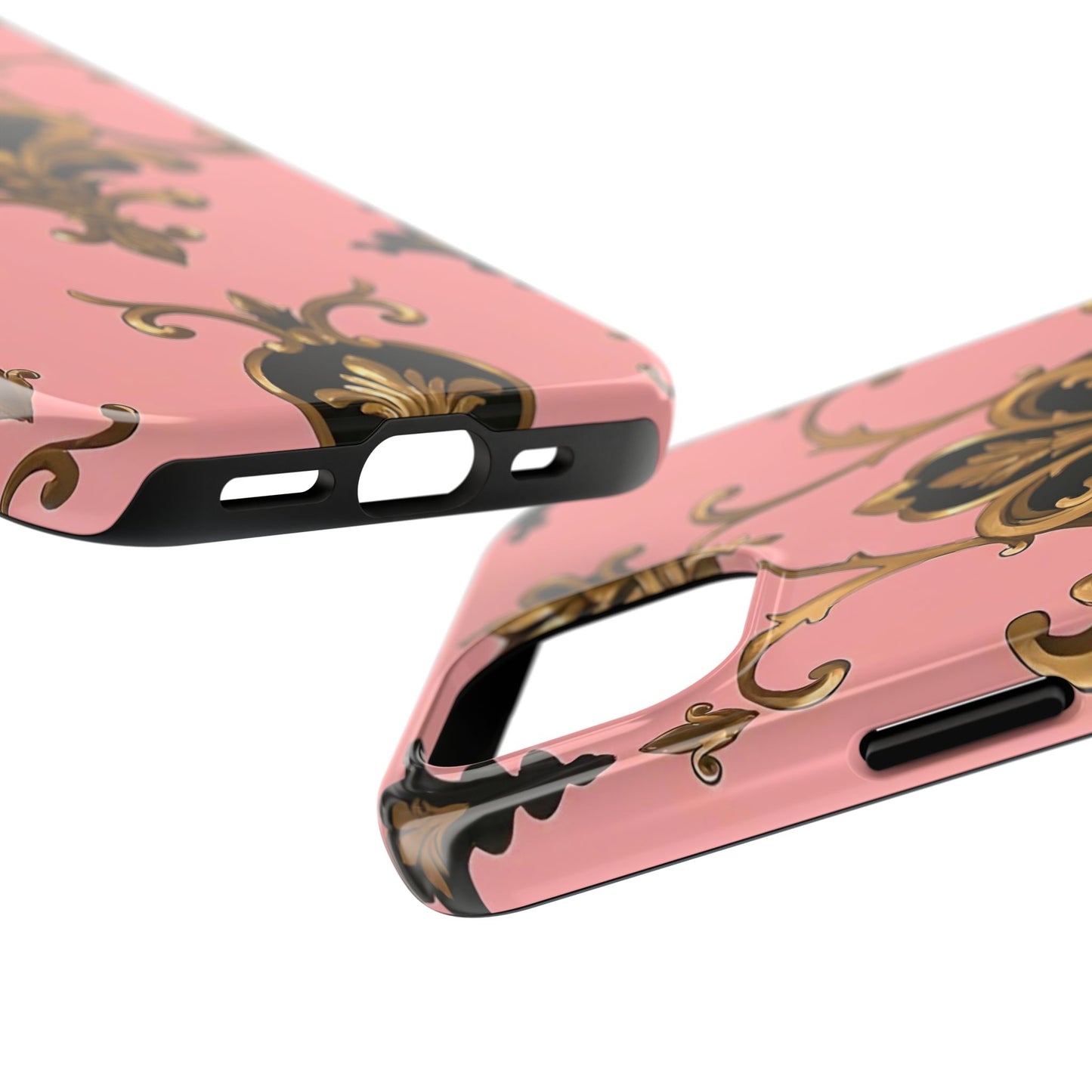 Chic Tough Phone Cases with Floral Design, Elegant Phone Cover, Durable Smartphone Case, Stylish Tech Accessory - Pink, Black & Gold Rococo