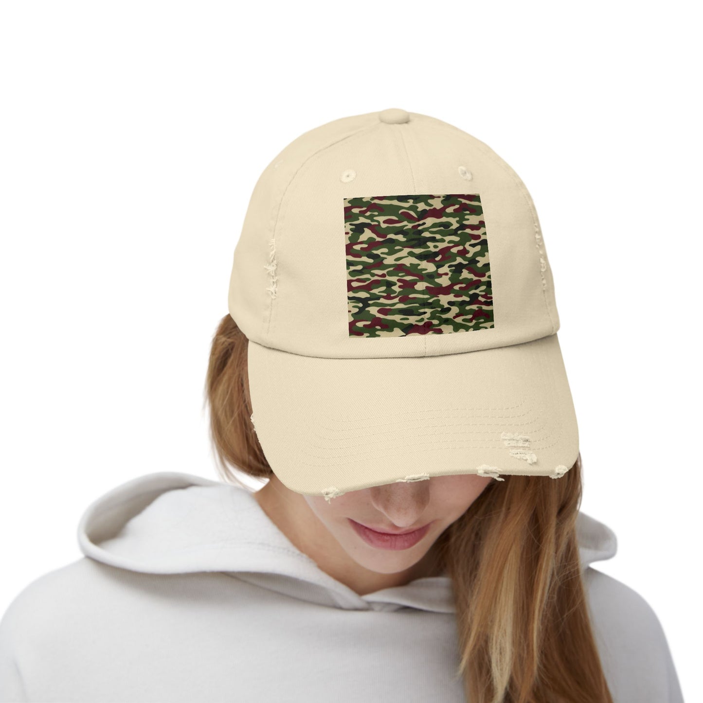 Camo Distressed Cap | Unisex Fashion Hat, Trendy Outdoor Accessory, Gift for Him/Her, Casual Wear, Sports Cap - Army Green & Burgundy Camo