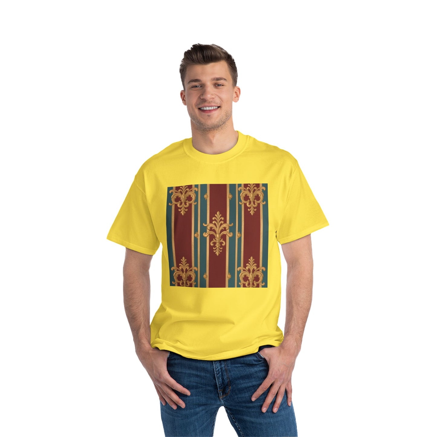 Elegant Vintage Patterned Beefy-T® Short-Sleeve T-Shirt | Casual Wear, Summer Tops, Unique Gift - Burgundy Striped Gold Baroque