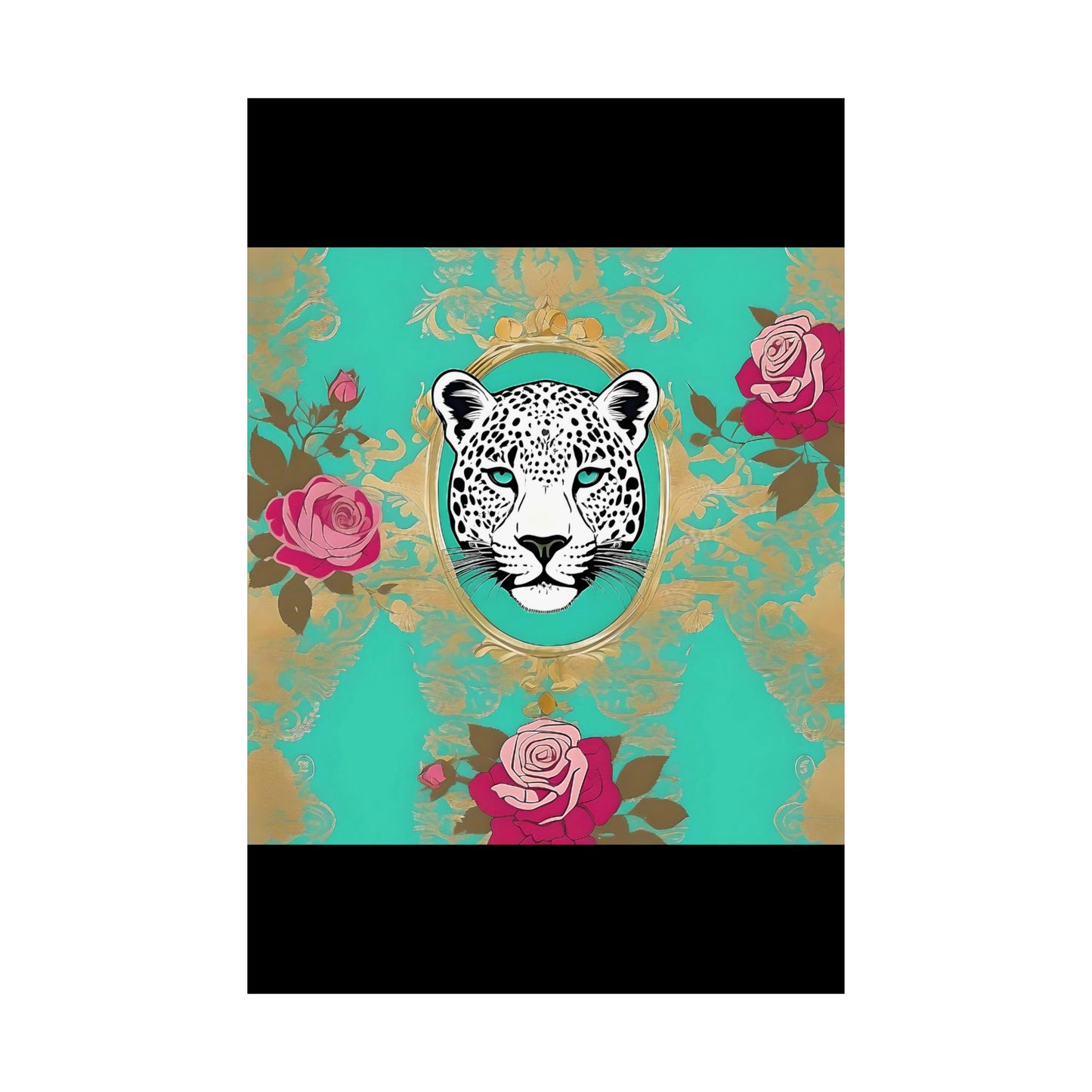 Floral Motif Art Poster - Elegant Matte Vertical Wall Decor - Leopard In Aqua With Roses