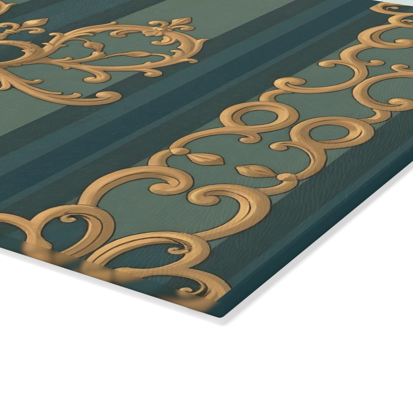 Elegant Vintage Glass Cutting Board with Ornate Design - Smoky Blue & Teal Striped Baroque