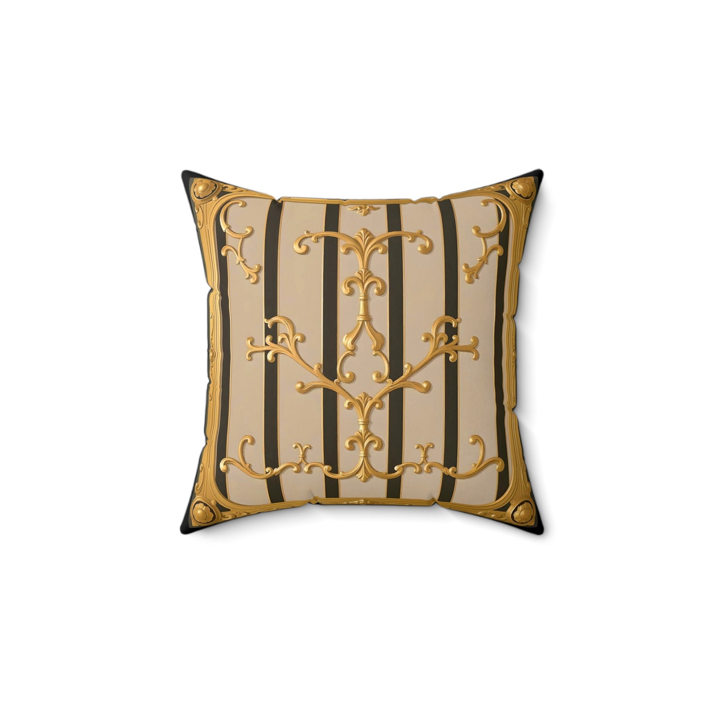 Elegant Faux Suede Square Pillow with Ornate Design, Decorative Cushion, Home Decor, Luxury Throw Pillow - Beige Striped Gold Rococo
