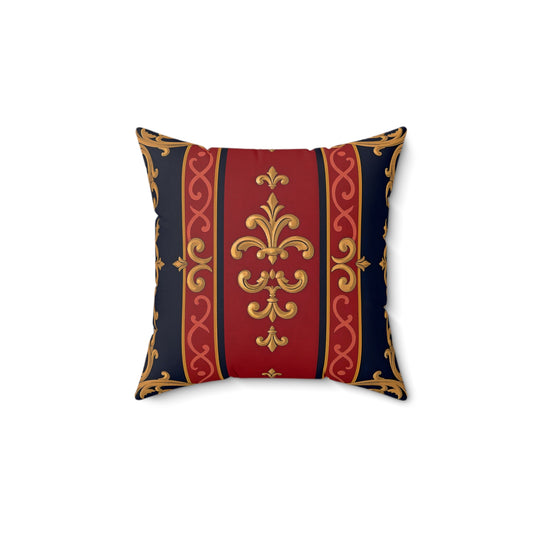 Elegant Faux Suede Square Pillow for Luxurious Home Decor, Renaissance Style Cushion, Vintage Accent Pillow - Midnight Blue & Dusk Red Gold Baroque