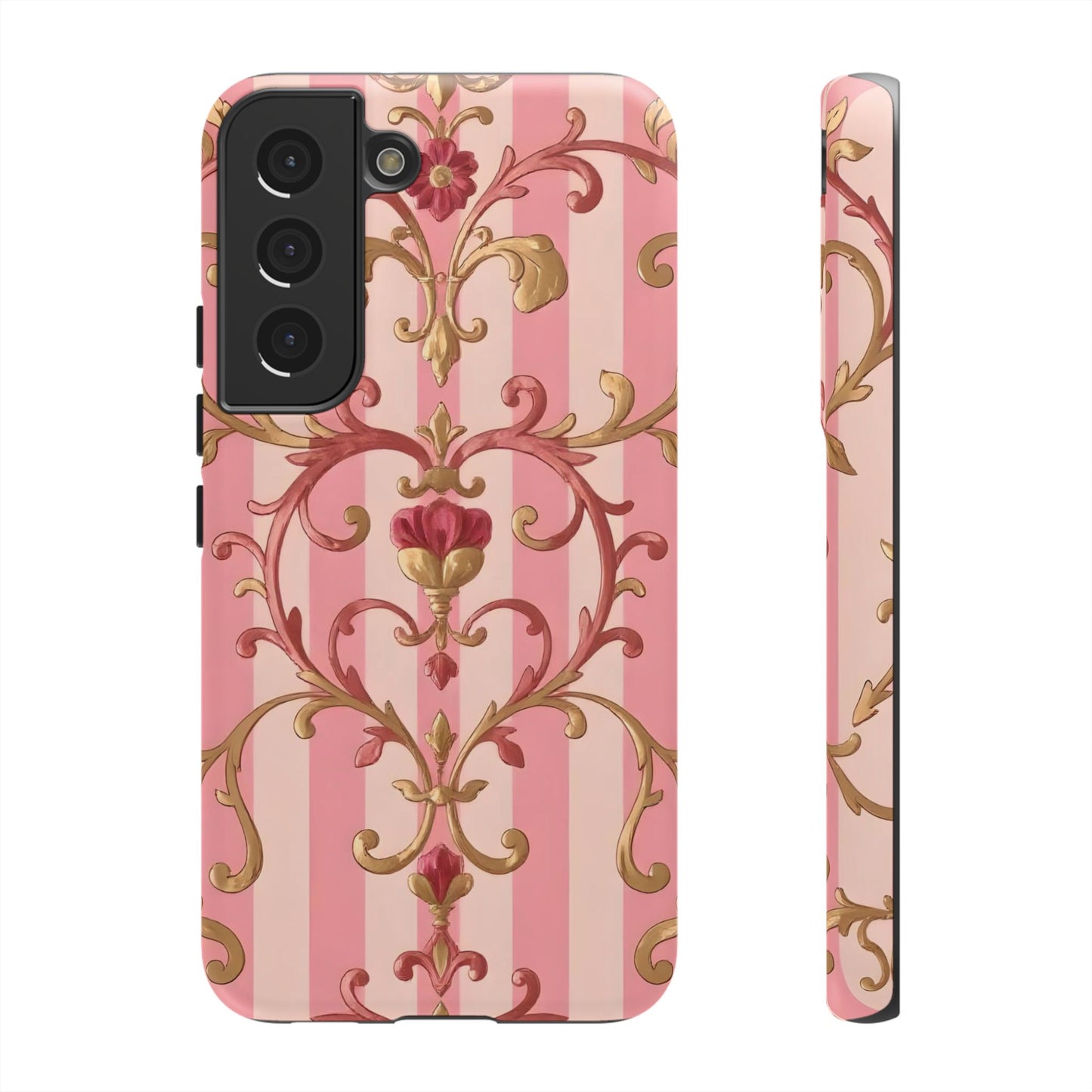 Elegant Floral Motif Phone Case - Tough Cases with Vintage Design - Pink Striped Rose Gold Damask