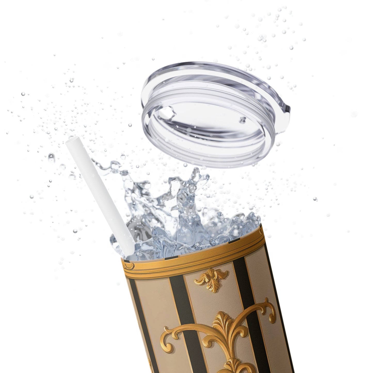Skinny Tumbler with Straw, 20oz - Beige Striped Gold Rococo