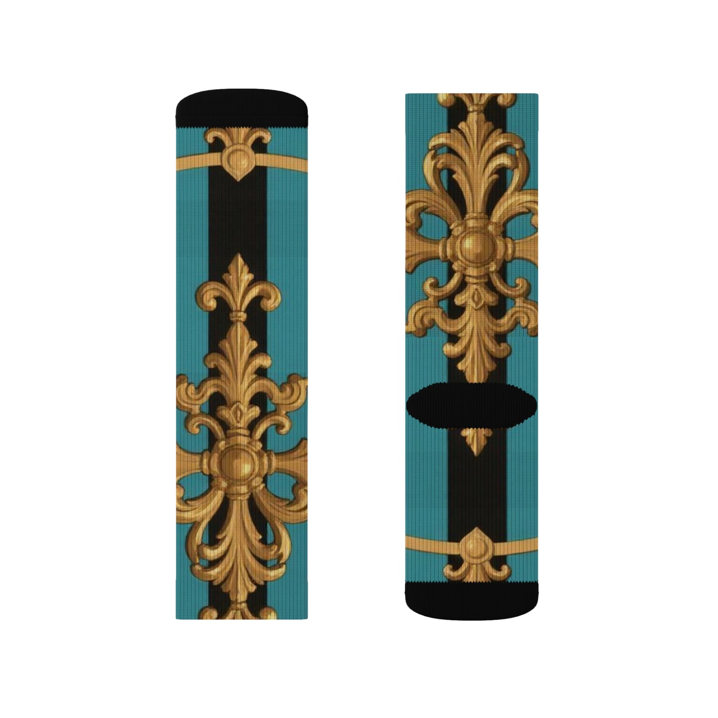 Elegant Turquoise & Black Striped Gold Baroque Patterned Unisex Sublimation Socks, Fashionable Socks, Unique Gift for Her & Him