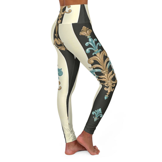 Chic High Waisted Yoga Leggings - Comfort Fit, AOP Design, Fitness Apparel, Trendy Activewear - Black Striped Turquoise & Black Rococo