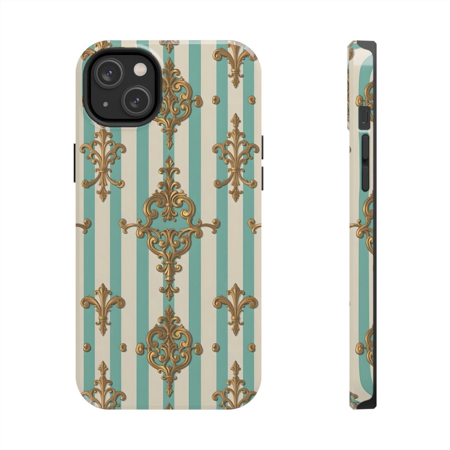 Elegant Striped Phone Case with Vintage Design, Tough Phone Cover, Stylish Smartphone Case - Matte Green Striped Rococo