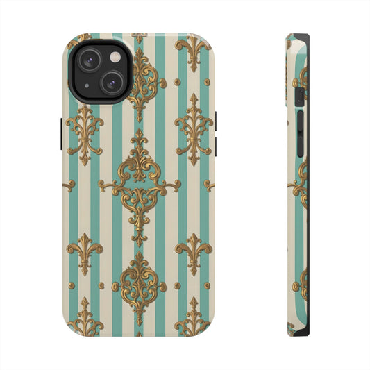 Elegant Striped Phone Case with Vintage Design, Tough Phone Cover, Stylish Smartphone Case - Matte Green Striped Rococo