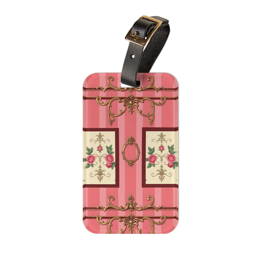 Chic Floral Luggage Tag, Elegant Travel Accessory, Vintage Pink Design, Personalized Gift for Travelers, Wedding Favors - Pink Striped Baroque & Roses