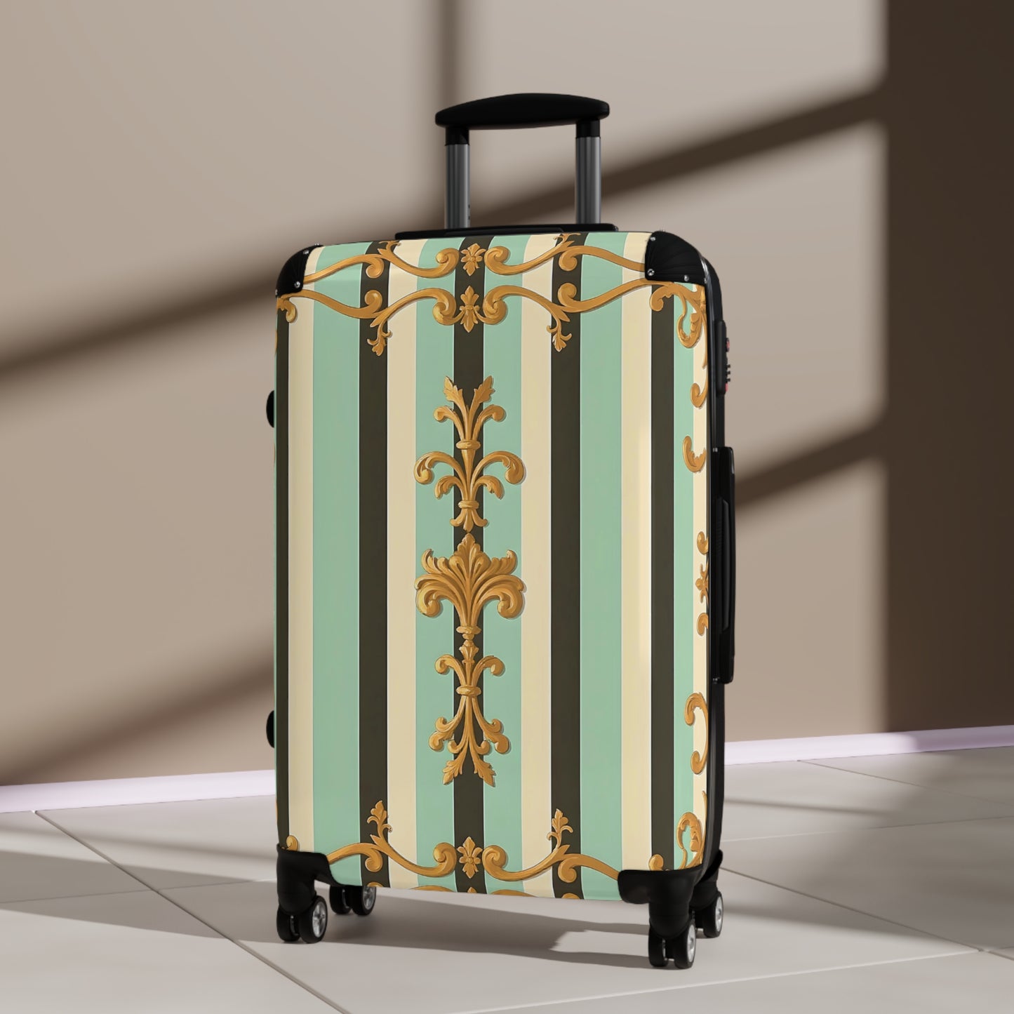 Elegant Striped Suitcase, Stylish Travel Luggage, Unique Carry-On, Trendy Vacation Bag - Black & Matte Mint Striped Rococo