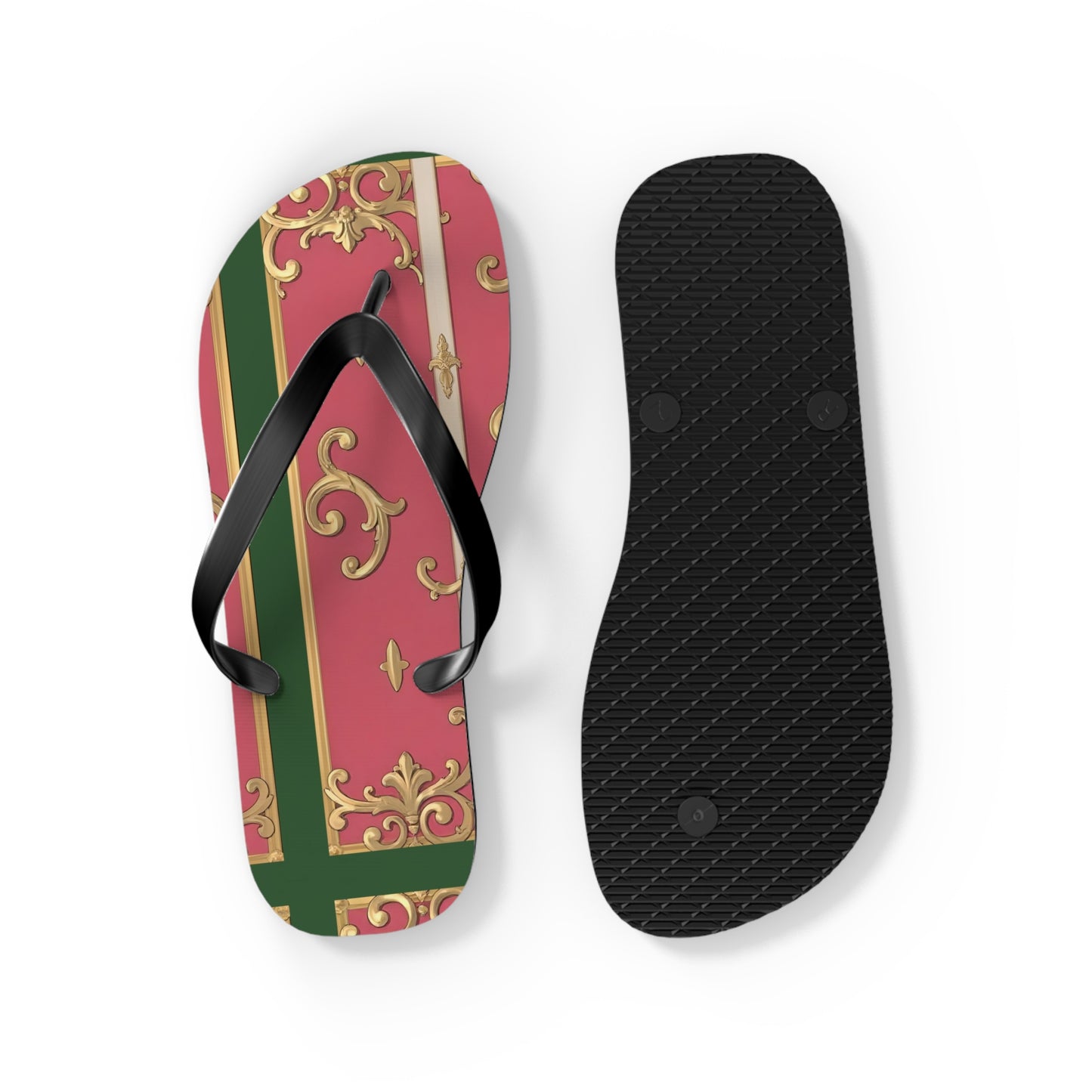 Elegant Green Border Pink Striped Baroque Flip Flops, Summer Footwear, Vacation Sandals, Beach Accessories, Stylish Thong Slippers