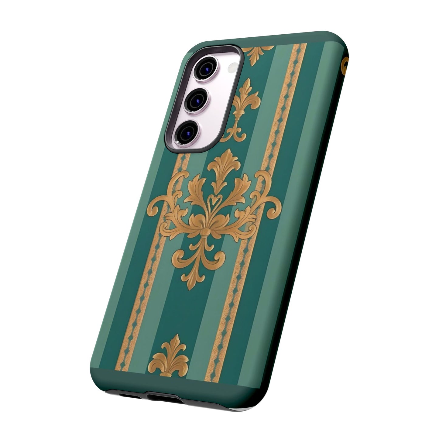 Elegant Floral Motif Phone Case - Tough Cases with Vintage Design - Teal Striped Gold Damask
