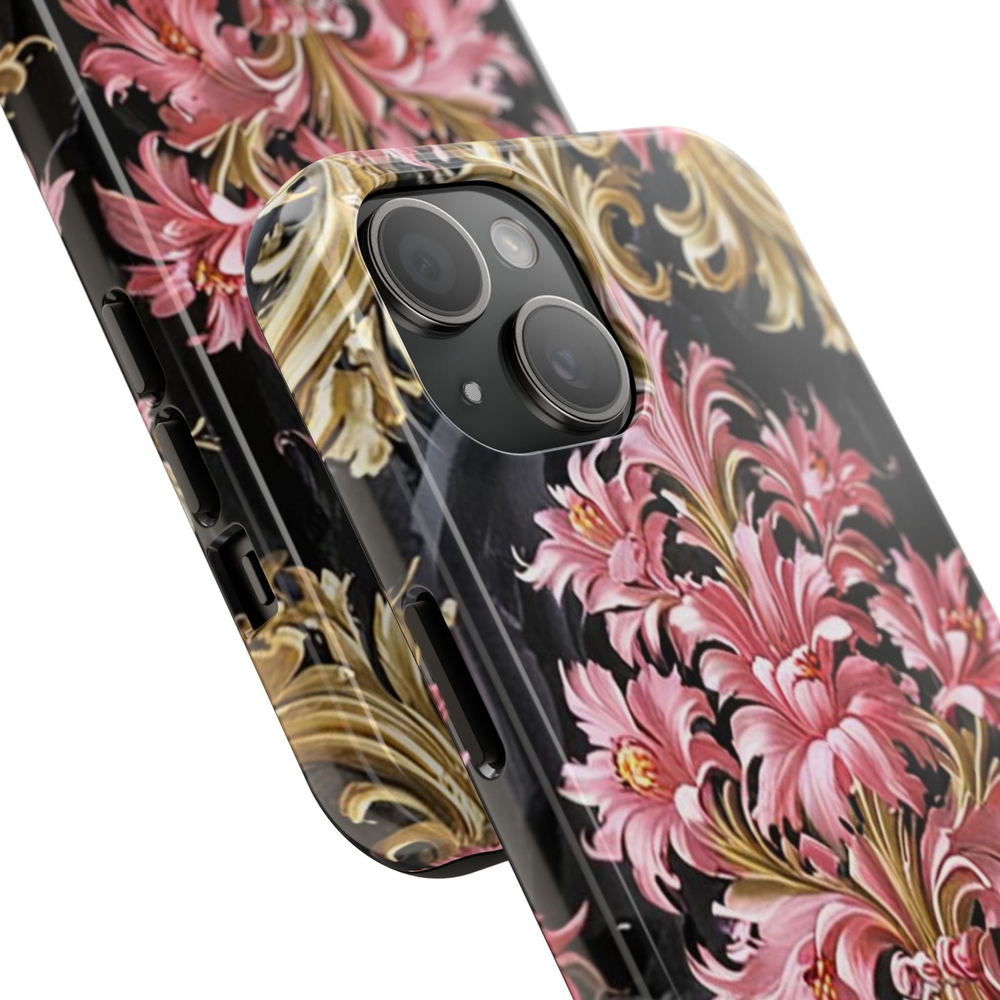 Elegant Floral Tough Phone Cases | Stylish Protection for Her | Gift for Birthdays - Black & Pink Oil Painting Style Rococo