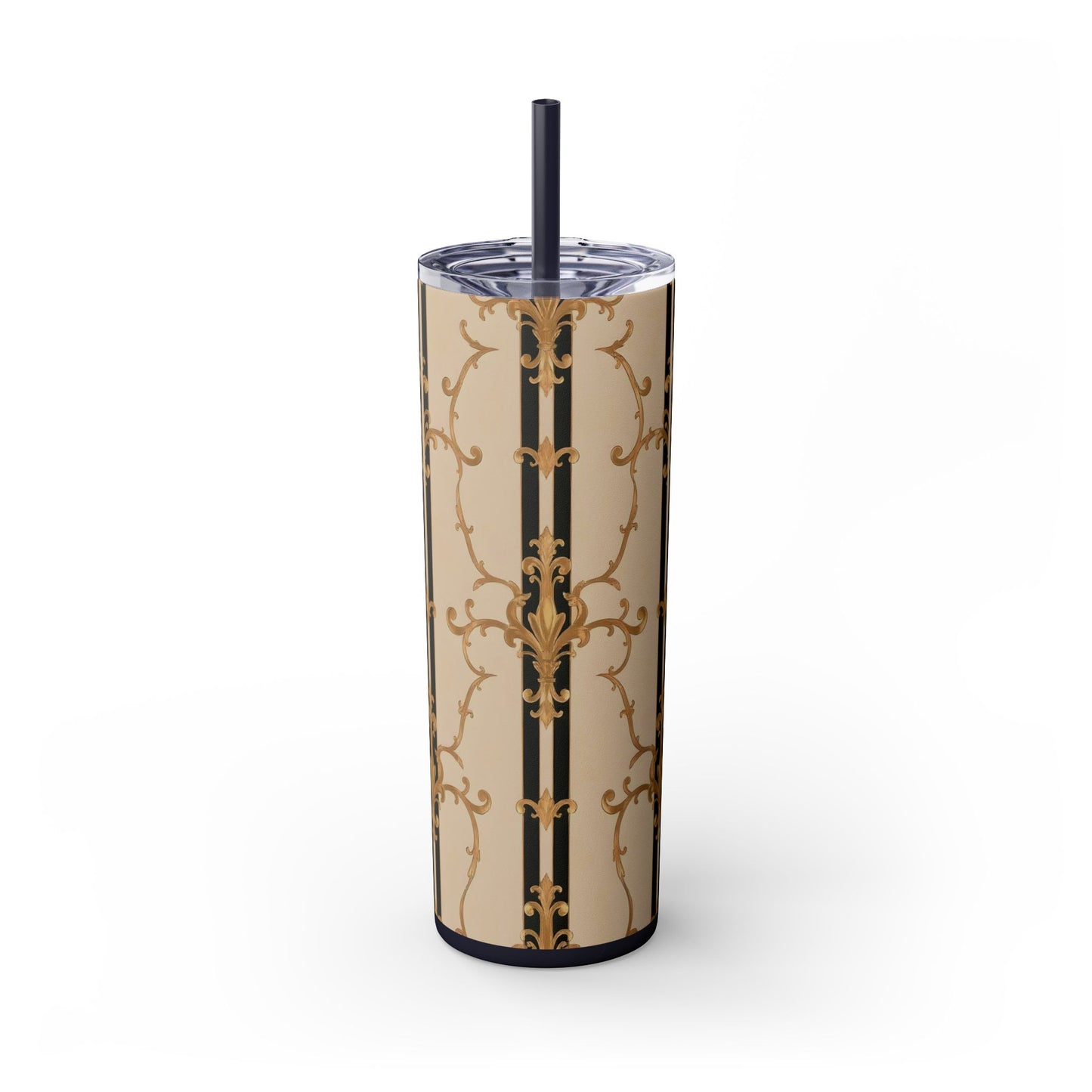 Elegant Gold Patterned Skinny Tumbler with Straw, 20oz | Stylish Travel Mug, Gift for Her, Fancy Drinkware - Black & Beige Striped Damask