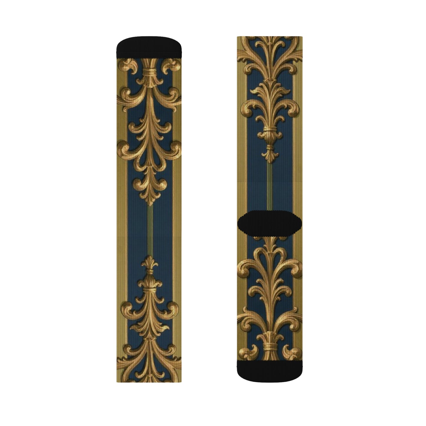 Elegant Midnight Blue & Olive Striped Gold Baroque Sublimation Socks, Stylish Patterned Socks, Trendy Gift Socks, Fashion Accessories